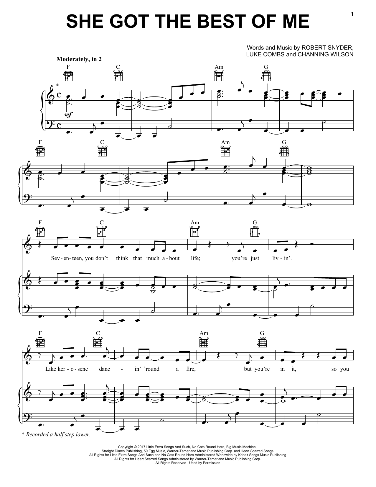 Luke Combs She Got The Best Of Me sheet music notes and chords arranged for Piano, Vocal & Guitar Chords (Right-Hand Melody)