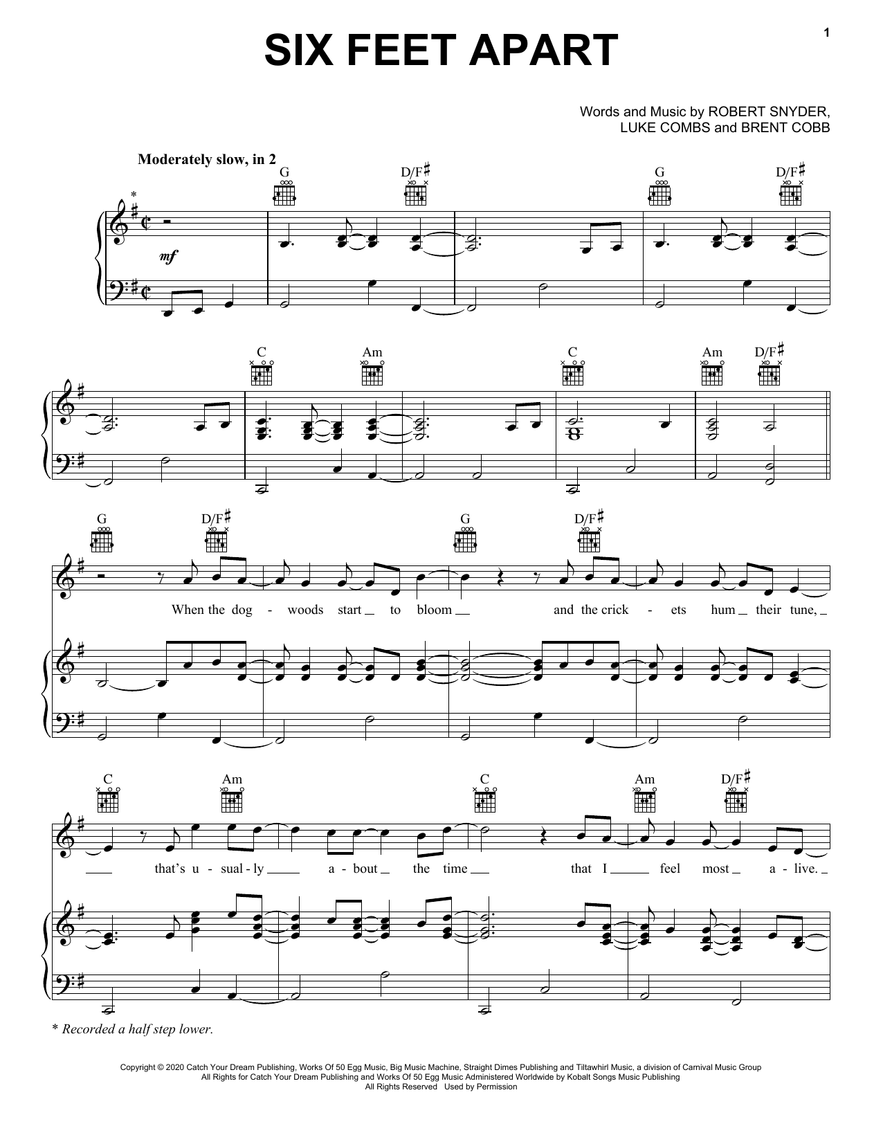 Luke Combs Six Feet Apart sheet music notes and chords arranged for Piano, Vocal & Guitar Chords (Right-Hand Melody)