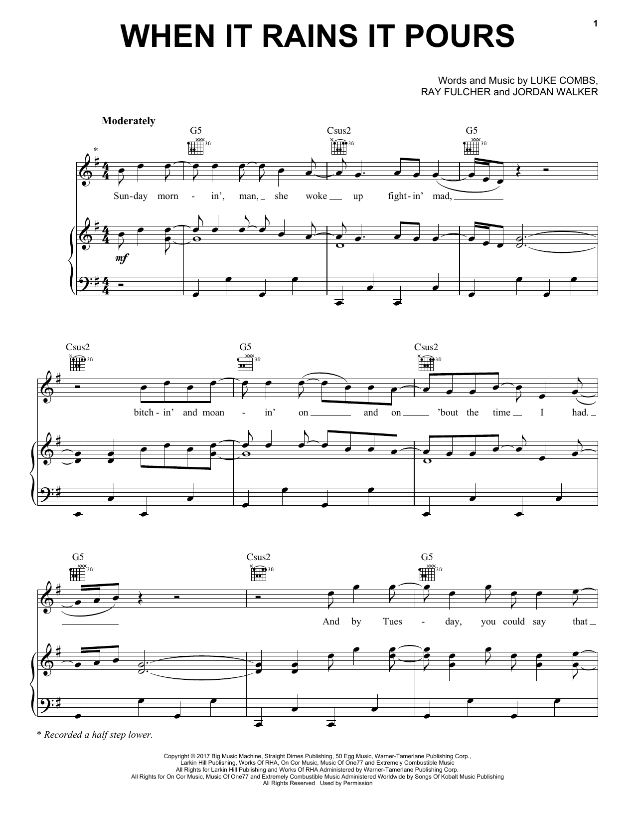 Luke Combs When It Rains It Pours sheet music notes and chords arranged for Piano, Vocal & Guitar Chords (Right-Hand Melody)