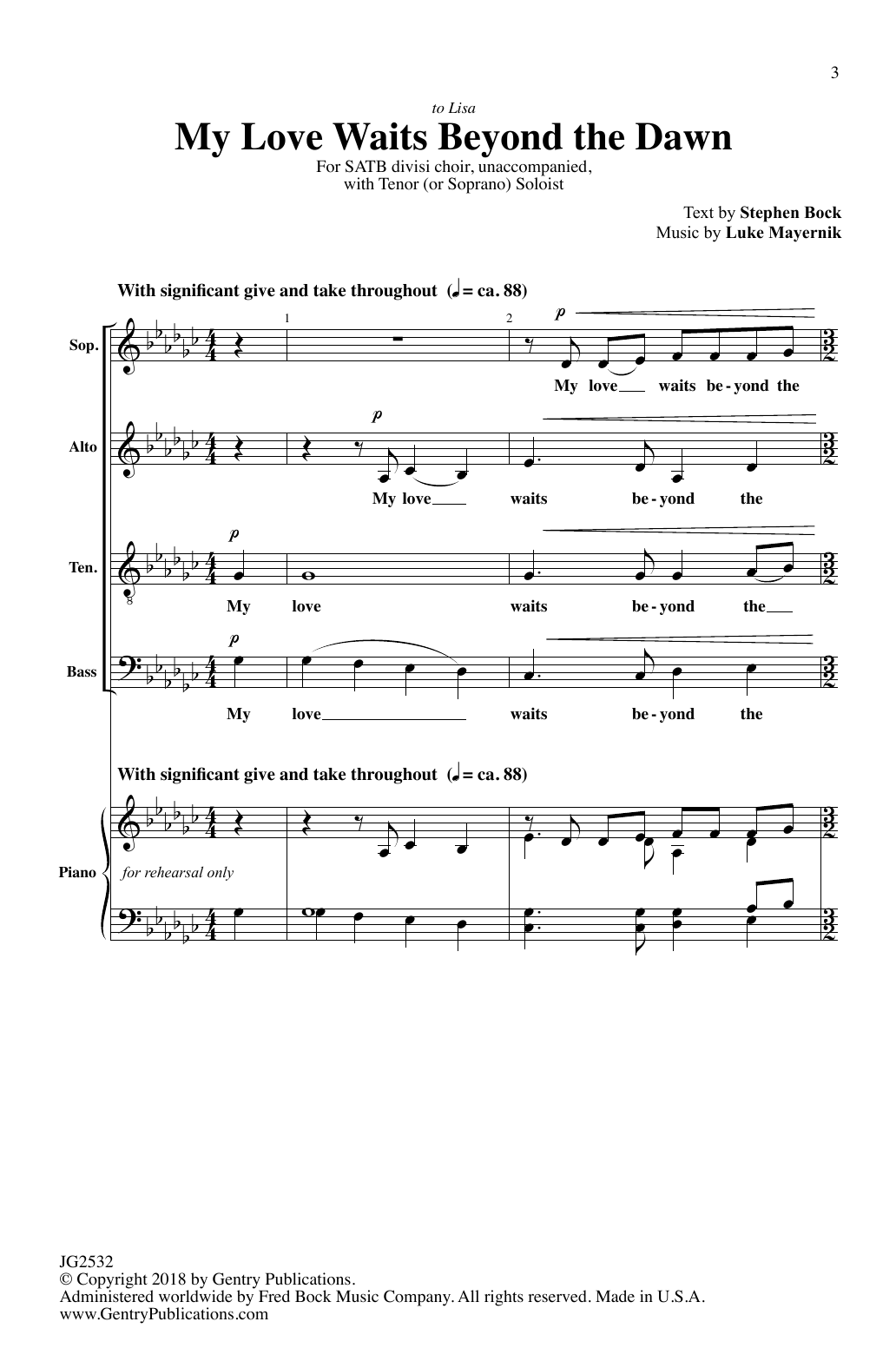 Luke Mayernik My Love Waits Beyond The Dawn sheet music notes and chords arranged for SATB Choir