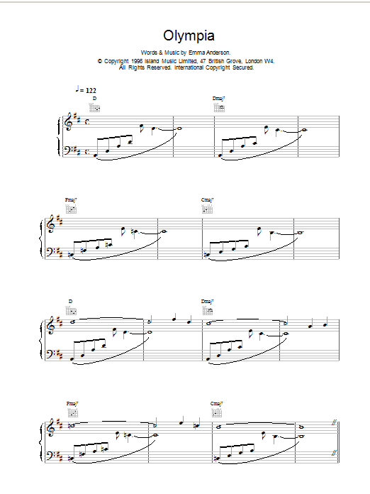 Lush Olympia sheet music notes and chords arranged for Piano, Vocal & Guitar Chords