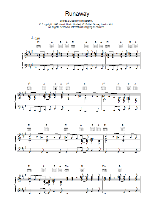 Lush Runaway sheet music notes and chords arranged for Piano, Vocal & Guitar Chords