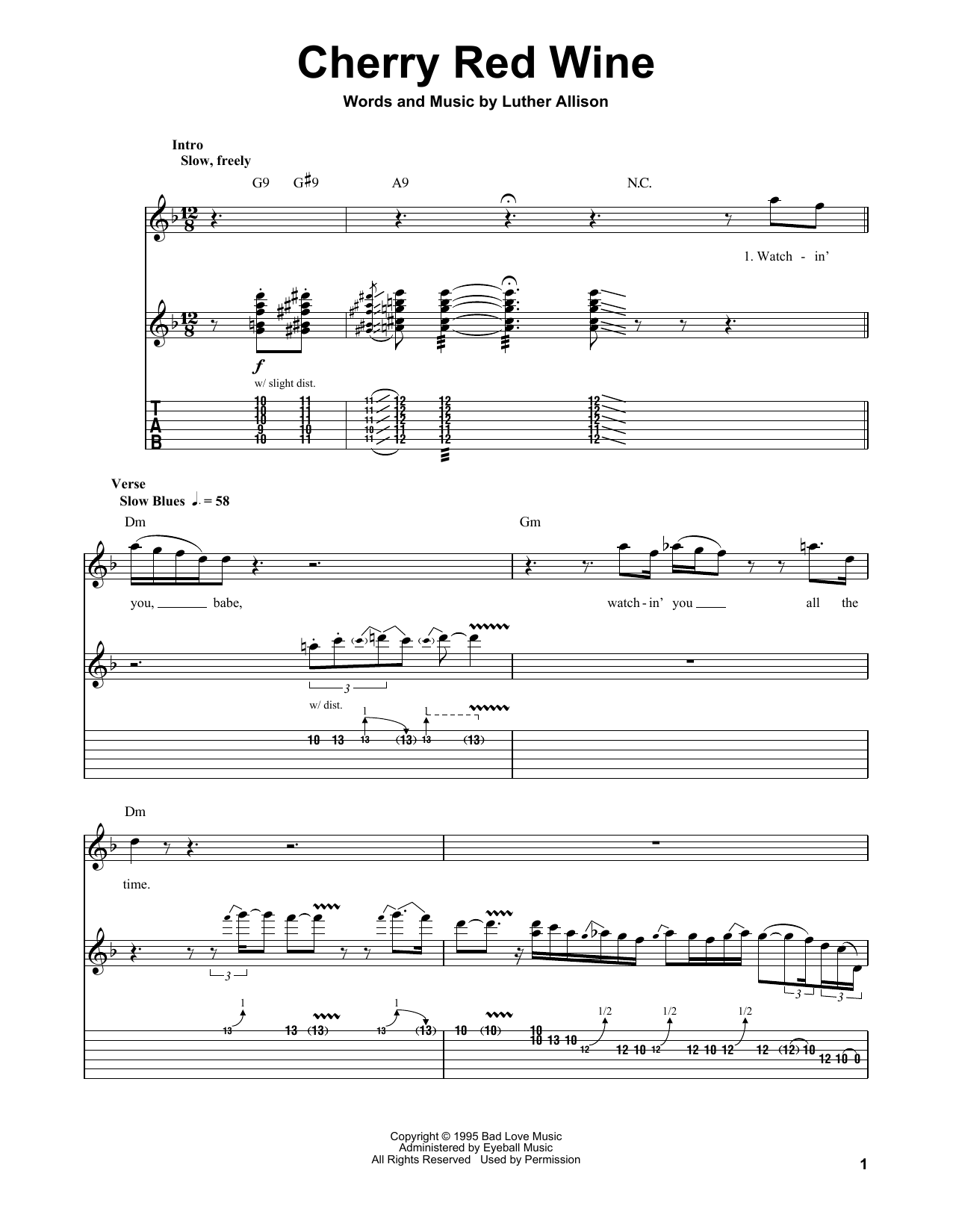 Luther Allison Cherry Red Wine sheet music notes and chords arranged for Guitar Tab (Single Guitar)