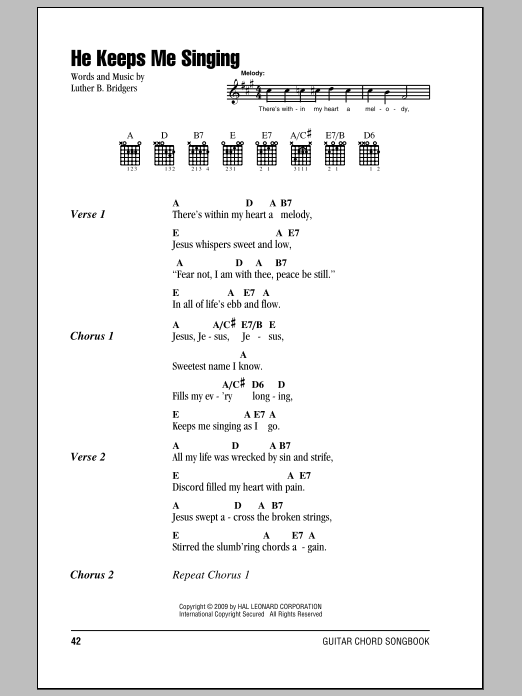 Luther B. Bridgers He Keeps Me Singing sheet music notes and chords arranged for Guitar Chords/Lyrics