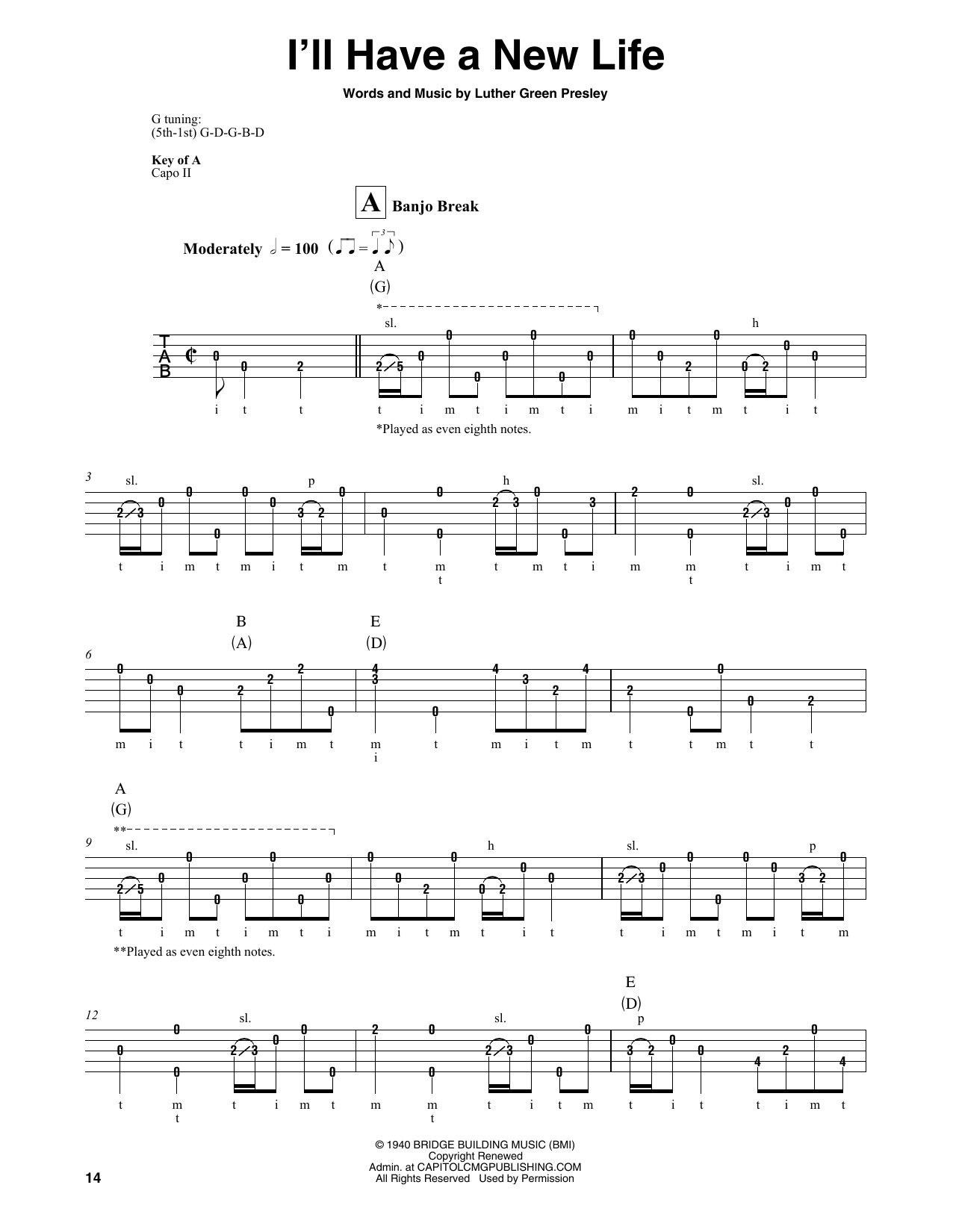 Luther Green Presley I'll Have A New Life sheet music notes and chords arranged for Banjo Tab