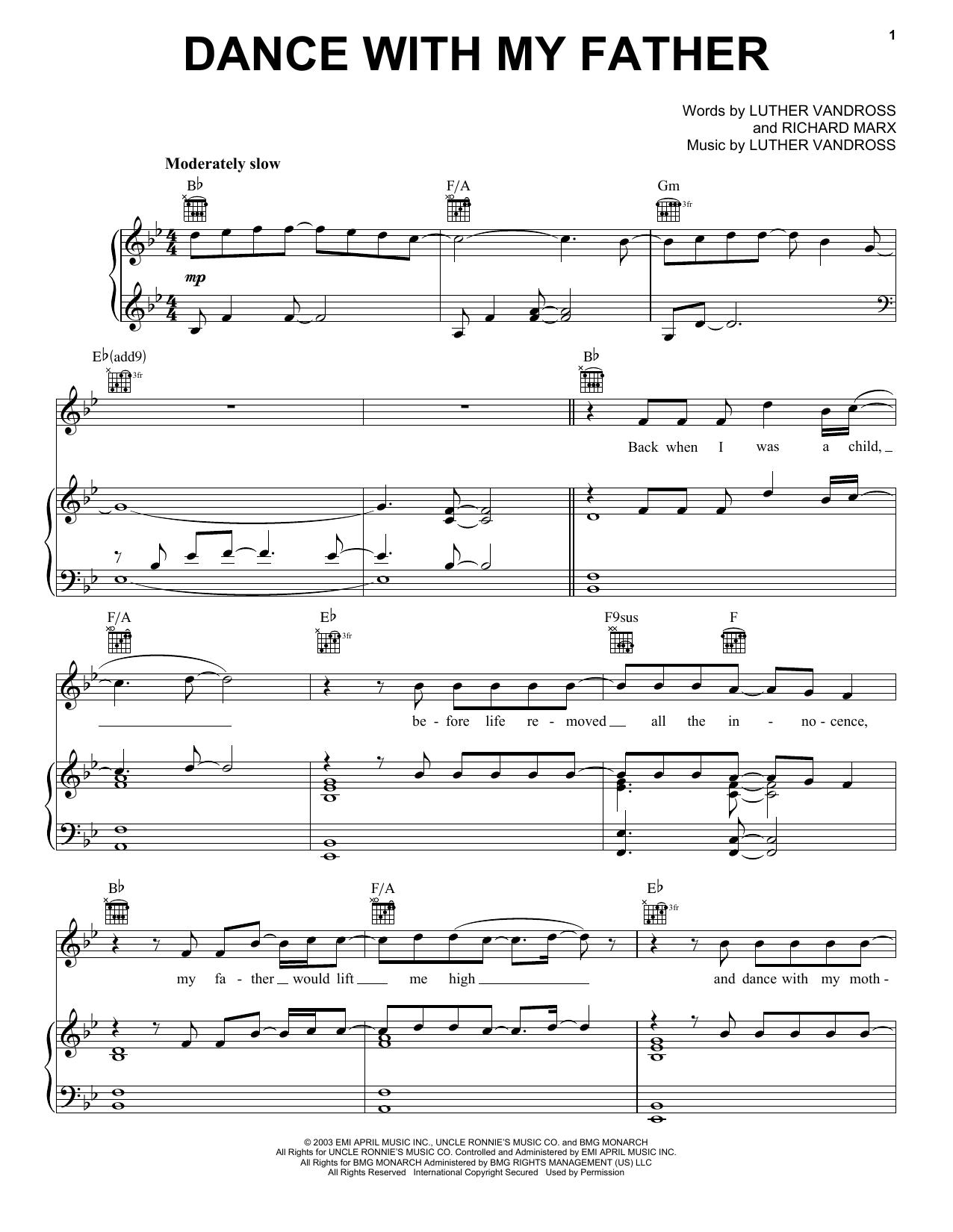 Luther Vandross Dance With My Father sheet music notes and chords arranged for Piano, Vocal & Guitar Chords (Right-Hand Melody)