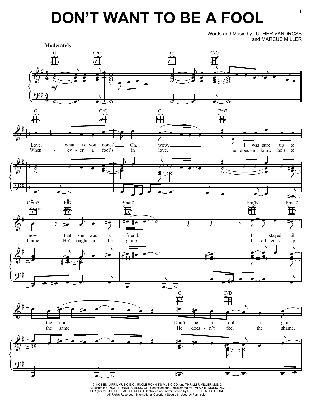 Luther Vandross Don't Want To Be A Fool sheet music notes and chords arranged for Piano, Vocal & Guitar Chords (Right-Hand Melody)
