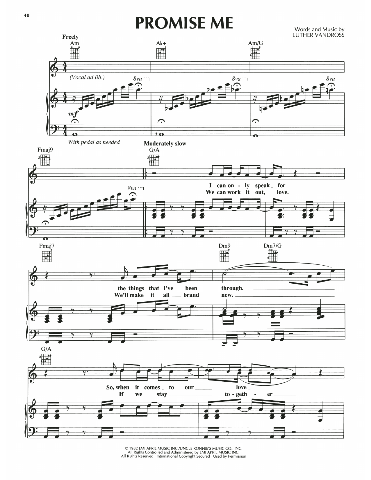 Luther Vandross Promise Me sheet music notes and chords arranged for Piano, Vocal & Guitar Chords (Right-Hand Melody)