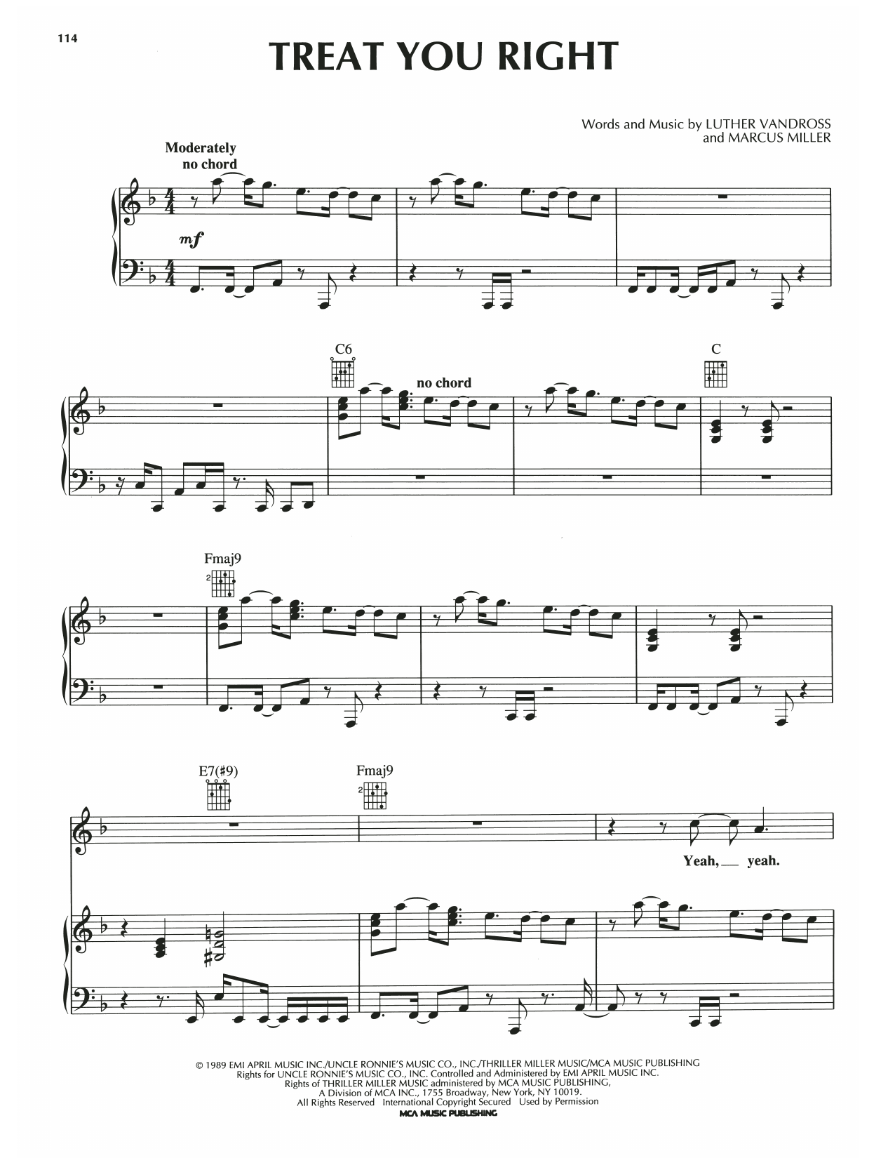 Luther Vandross Treat You Right sheet music notes and chords arranged for Piano, Vocal & Guitar Chords (Right-Hand Melody)