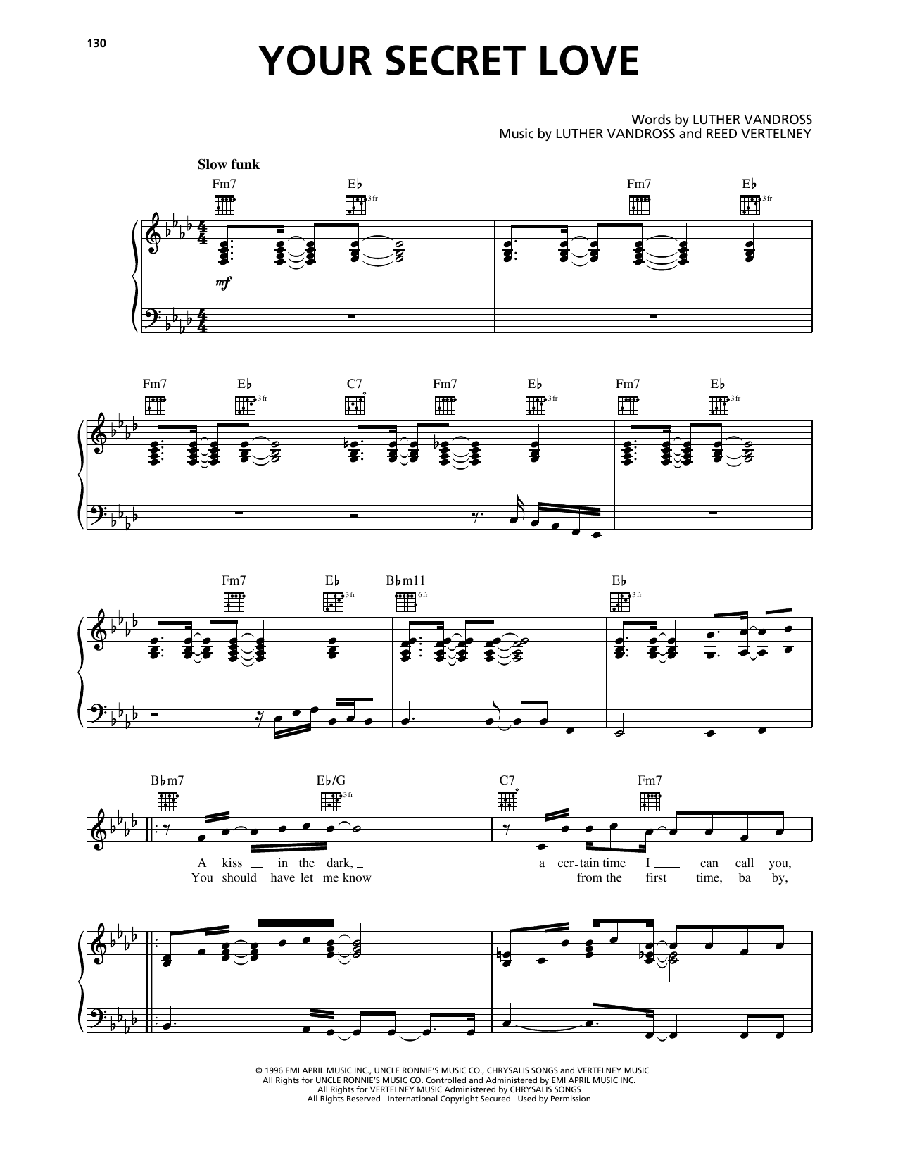 Luther Vandross Your Secret Love sheet music notes and chords arranged for Piano, Vocal & Guitar Chords (Right-Hand Melody)
