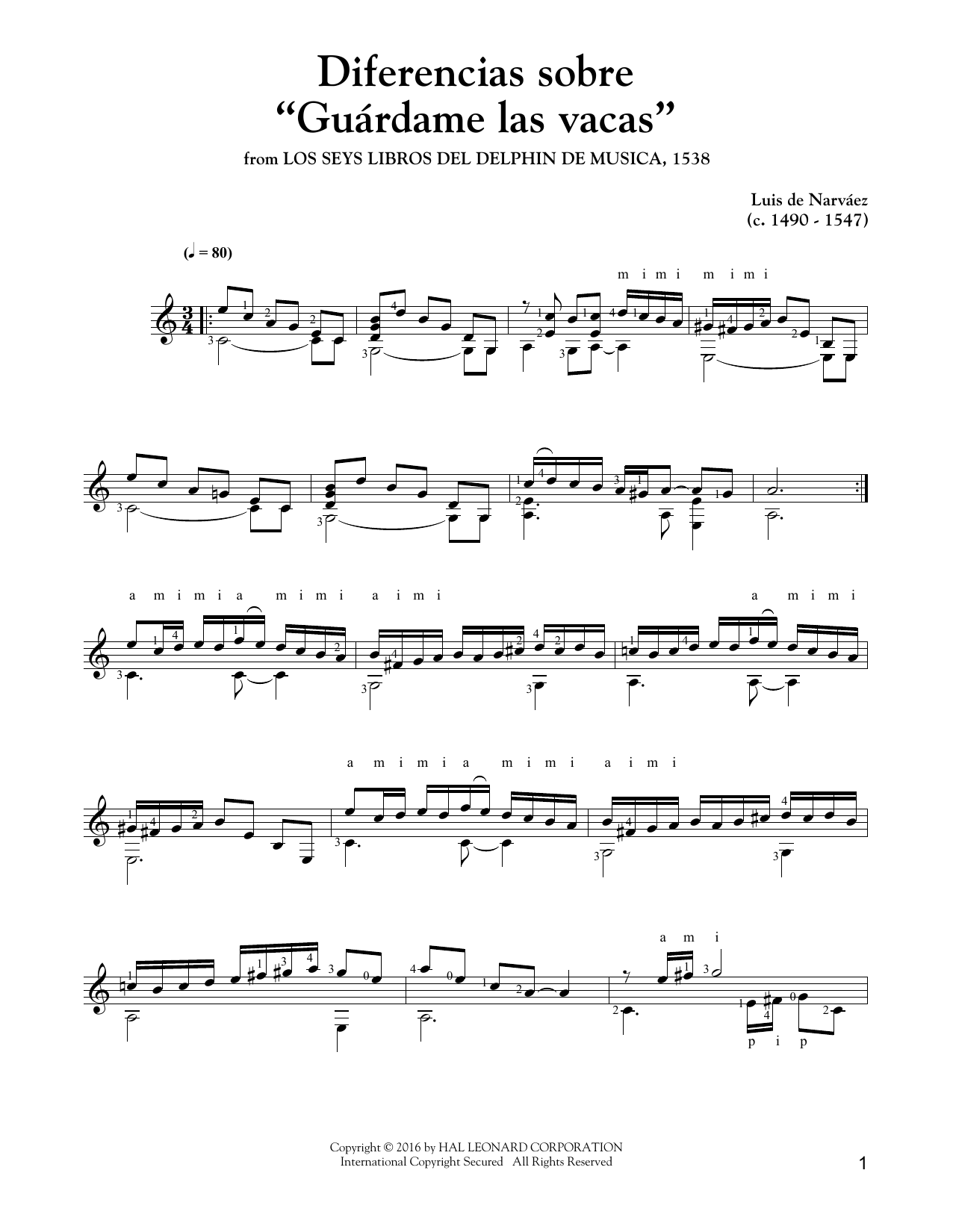 Luys de Narvaez Guardame Las Vacas sheet music notes and chords arranged for Solo Guitar