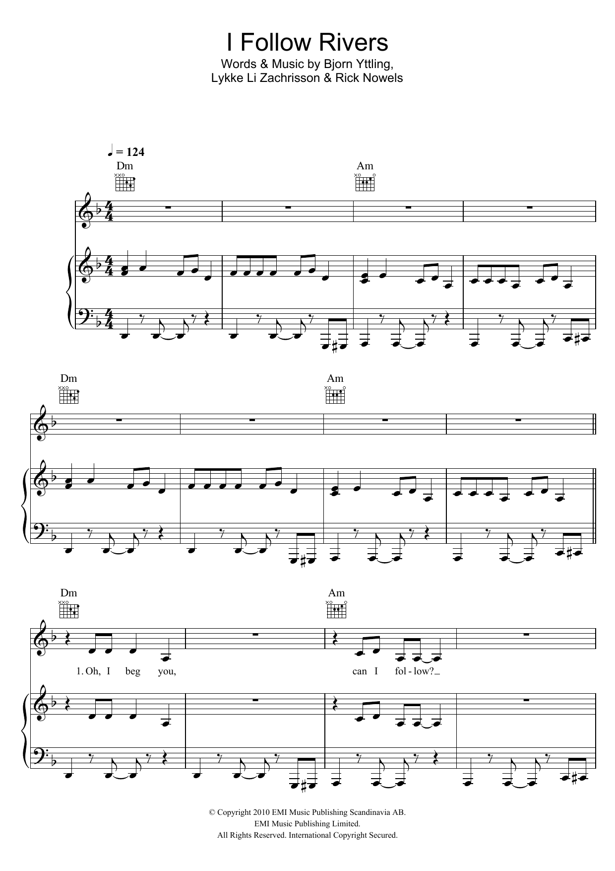 Lykke Li I Follow Rivers sheet music notes and chords arranged for Piano, Vocal & Guitar Chords
