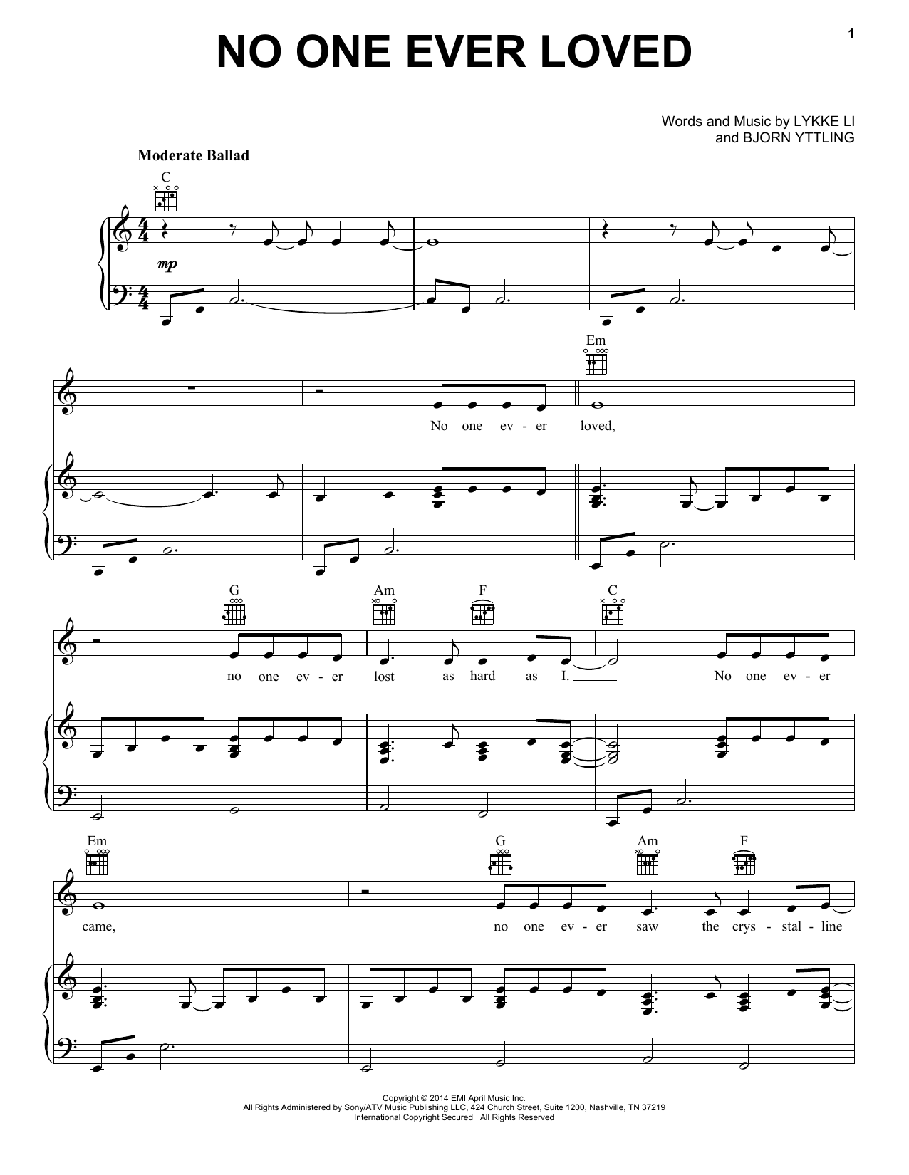 Lykke Li No One Ever Loved sheet music notes and chords arranged for Piano, Vocal & Guitar Chords (Right-Hand Melody)
