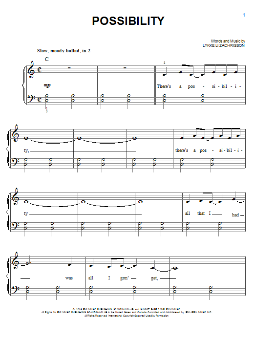 Lykke Li Possibility sheet music notes and chords arranged for Piano, Vocal & Guitar Chords (Right-Hand Melody)