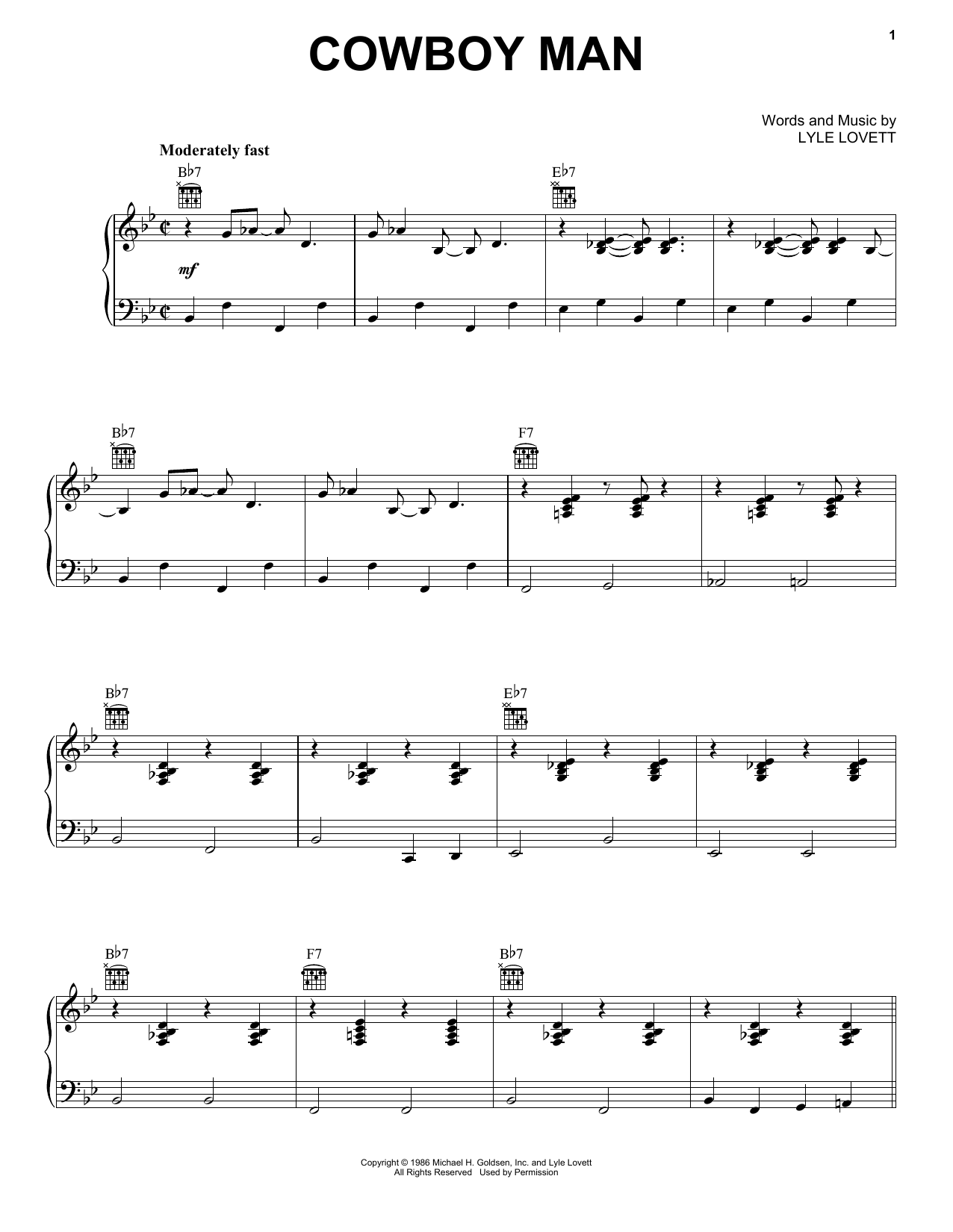 Lyle Lovett Cowboy Man sheet music notes and chords arranged for Piano, Vocal & Guitar Chords (Right-Hand Melody)