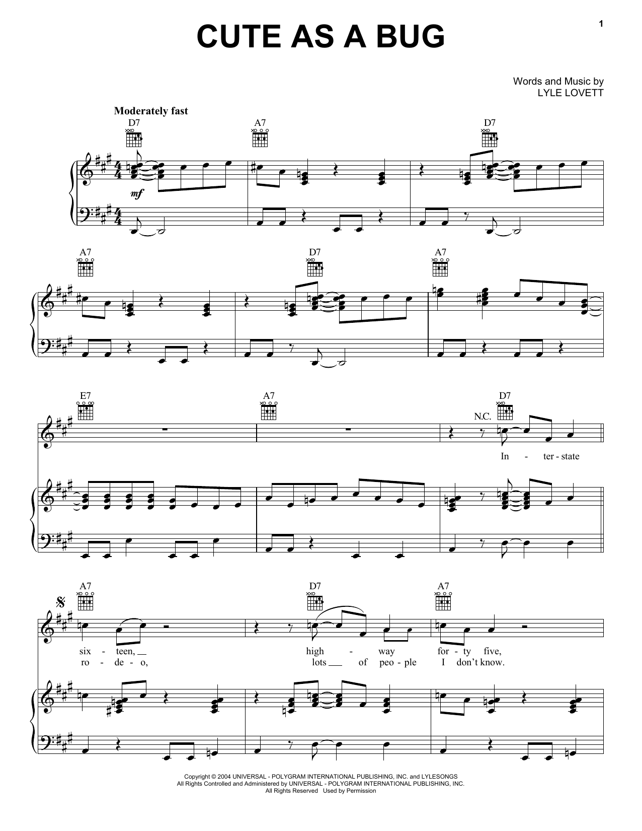 Lyle Lovett Cute As A Bug sheet music notes and chords arranged for Piano, Vocal & Guitar Chords (Right-Hand Melody)