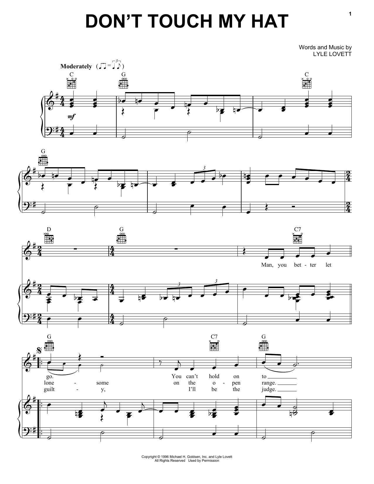 Lyle Lovett Don't Touch My Hat sheet music notes and chords arranged for Piano, Vocal & Guitar Chords (Right-Hand Melody)
