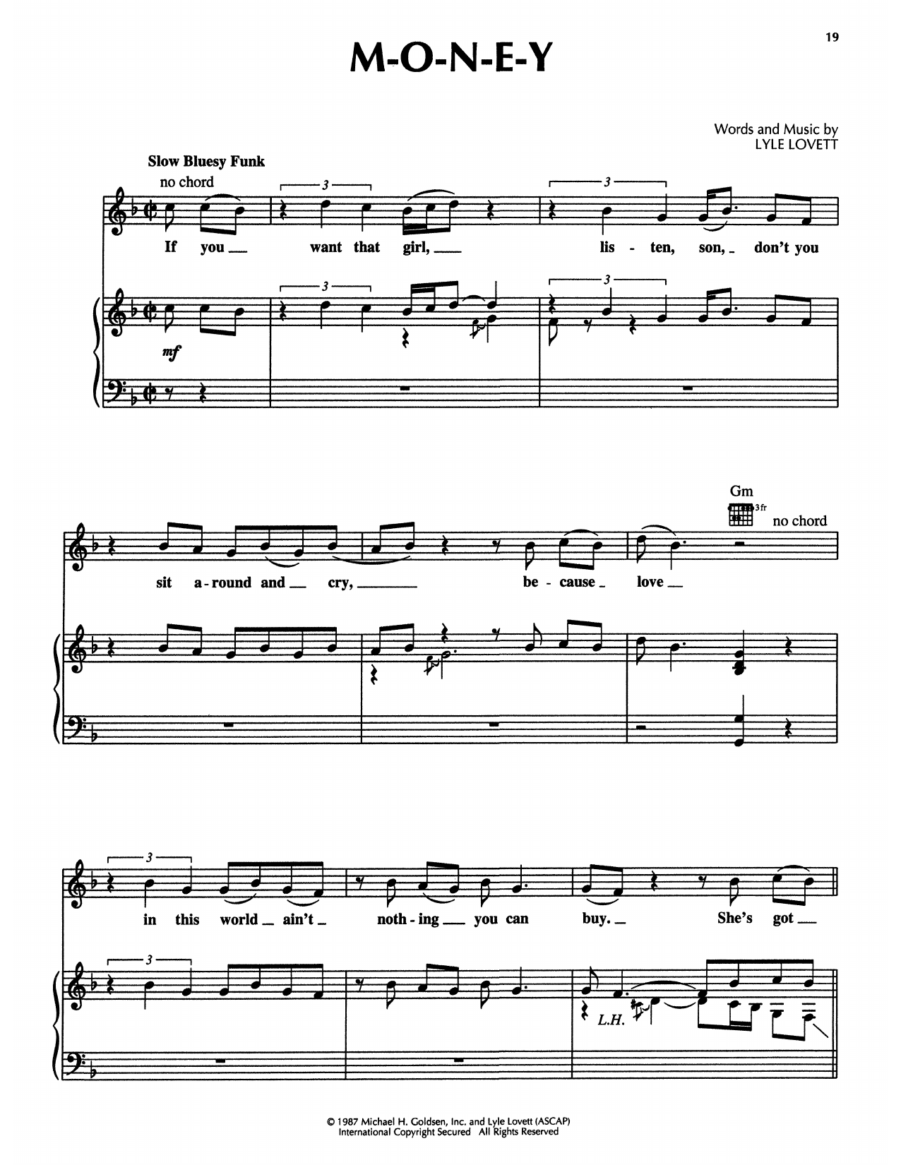 Lyle Lovett M-O-N-E-Y (from The Firm) sheet music notes and chords arranged for Piano Solo