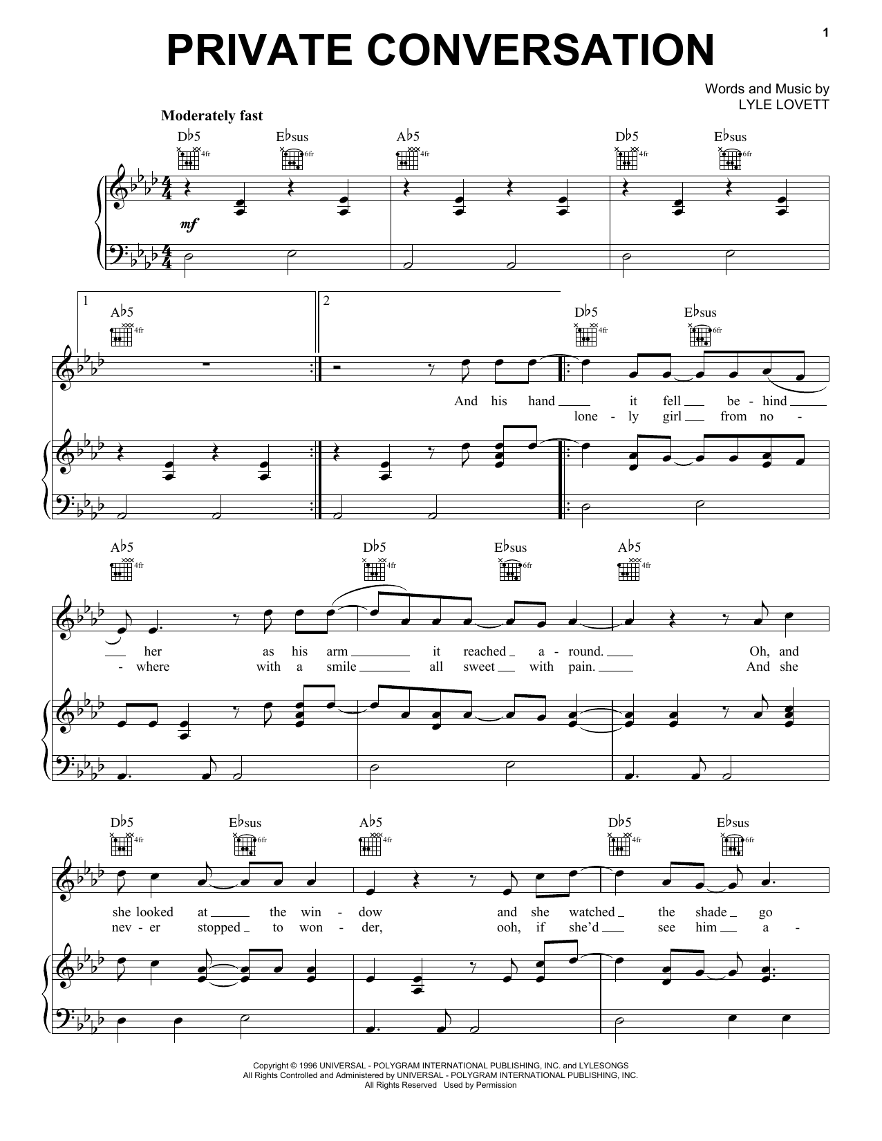 Lyle Lovett Private Conversation sheet music notes and chords arranged for Piano, Vocal & Guitar Chords (Right-Hand Melody)