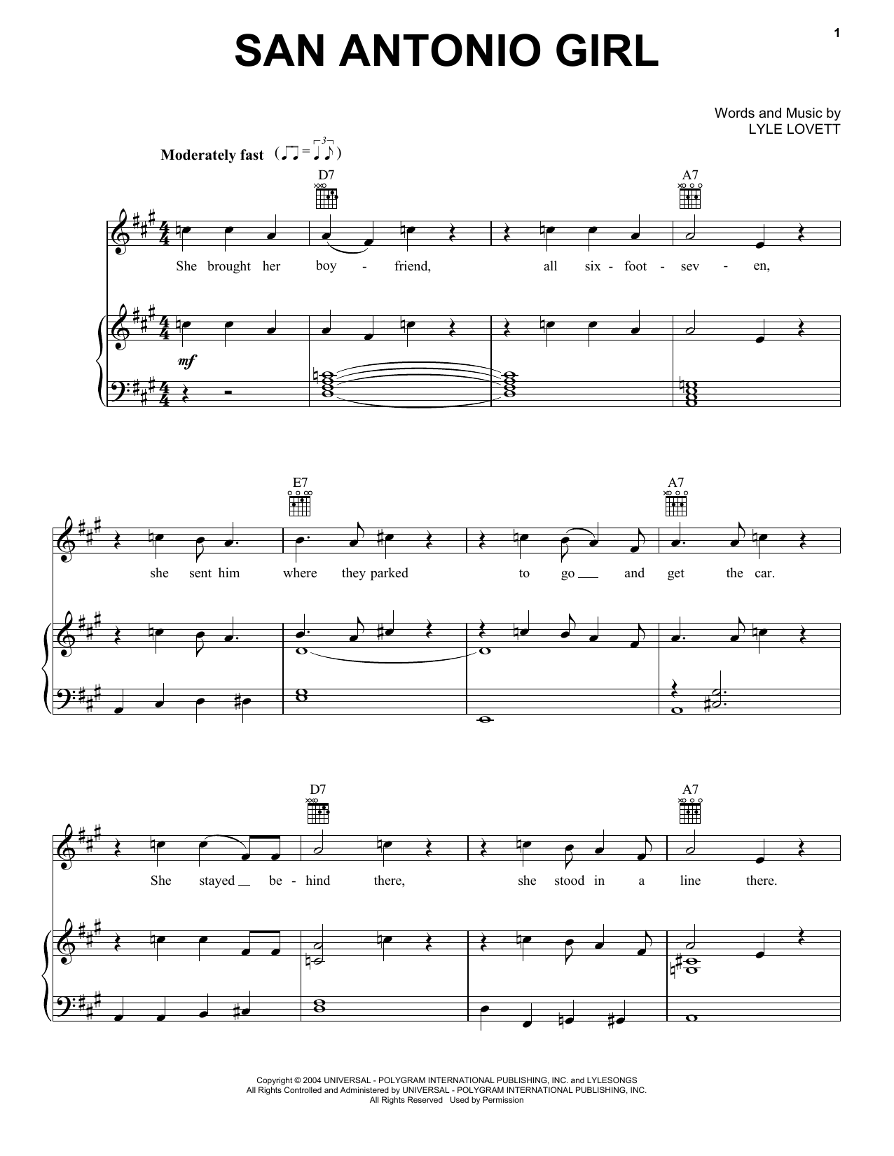 Lyle Lovett San Antonio Girl sheet music notes and chords arranged for Piano, Vocal & Guitar Chords (Right-Hand Melody)