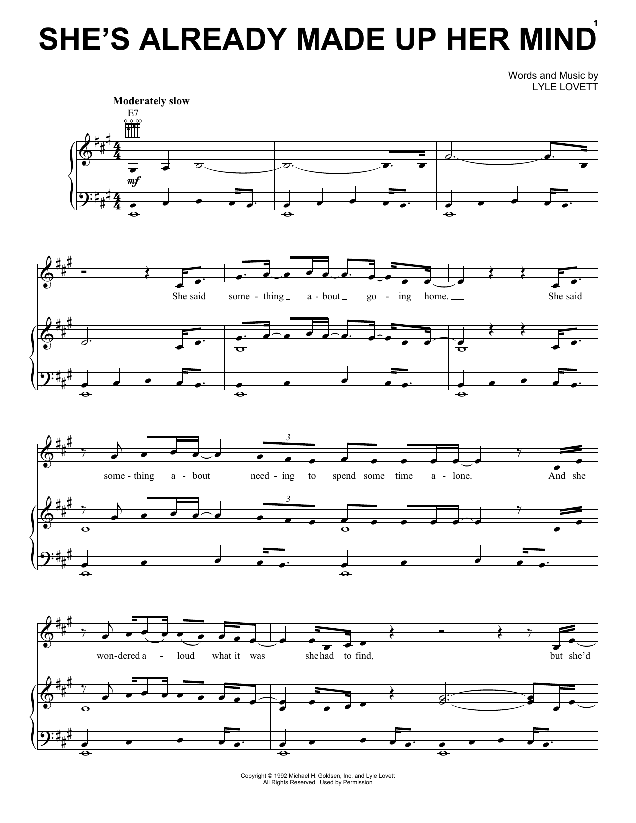 Lyle Lovett She's Already Made Up Her Mind sheet music notes and chords arranged for Piano, Vocal & Guitar Chords (Right-Hand Melody)
