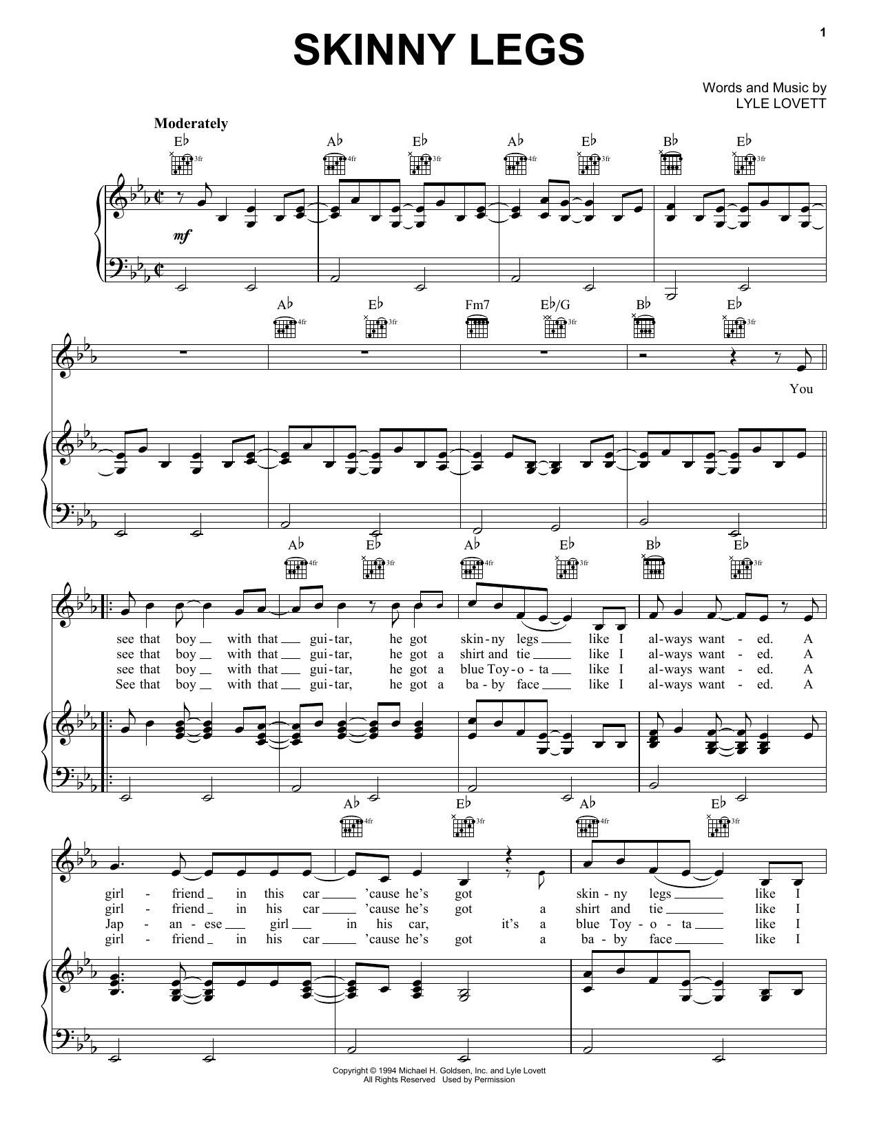 Lyle Lovett Skinny Legs sheet music notes and chords arranged for Piano, Vocal & Guitar Chords (Right-Hand Melody)
