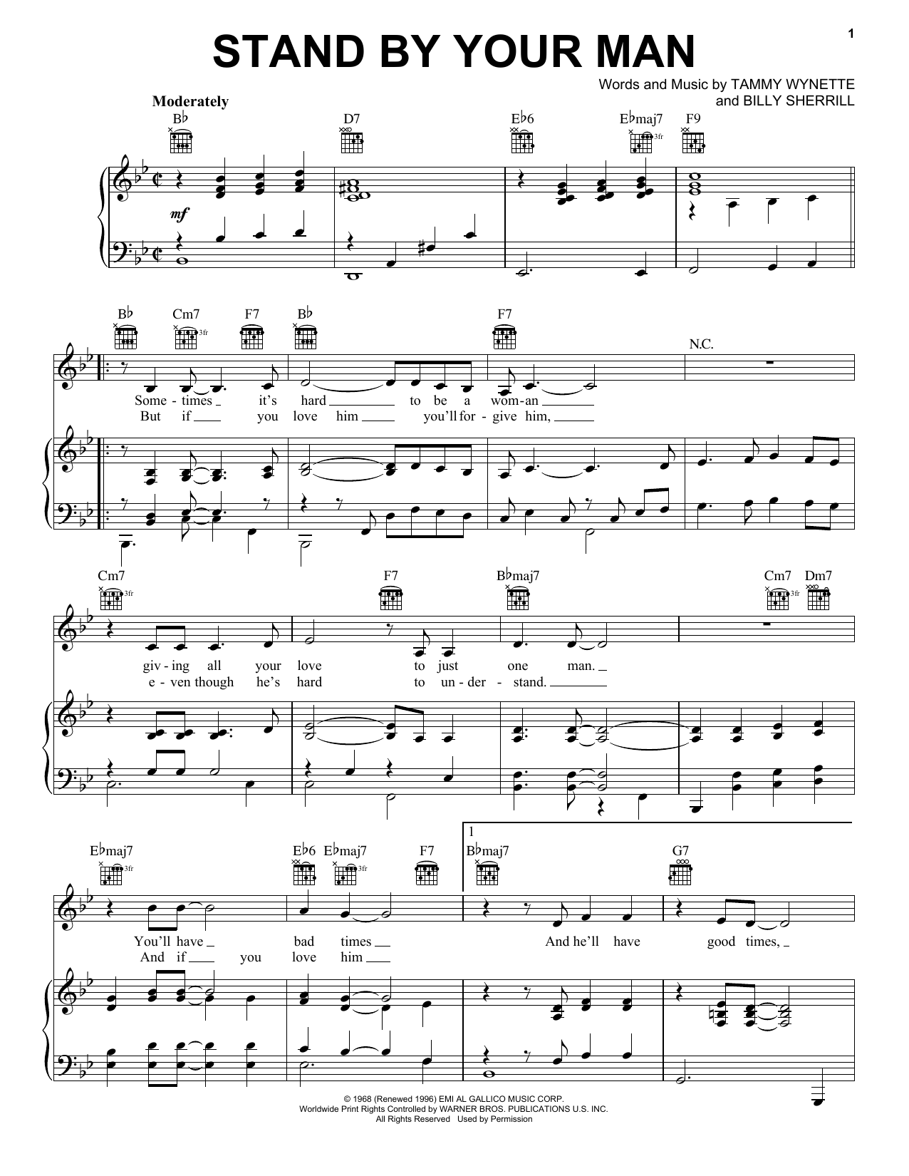 Lyle Lovett Stand By Your Man sheet music notes and chords arranged for Piano, Vocal & Guitar Chords (Right-Hand Melody)