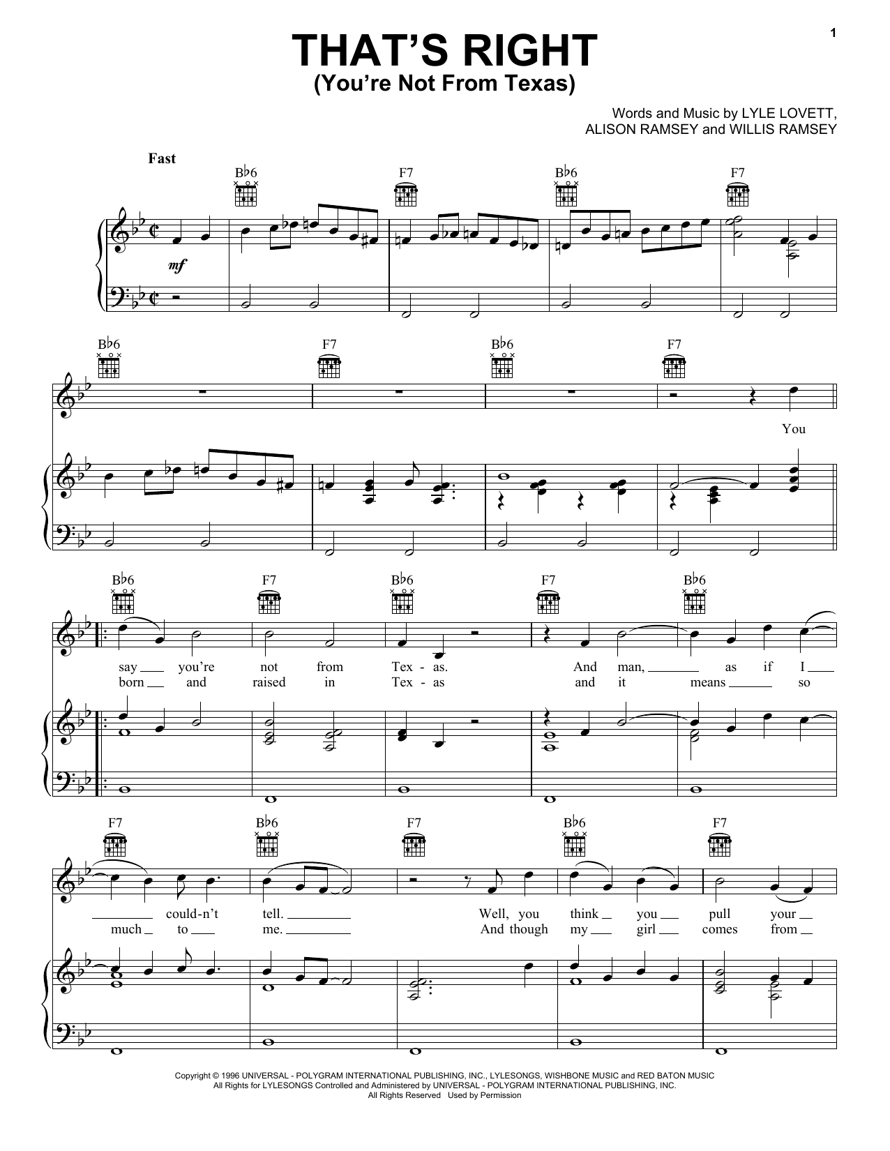 Lyle Lovett That's Right (You're Not From Texas) sheet music notes and chords arranged for Piano, Vocal & Guitar Chords (Right-Hand Melody)