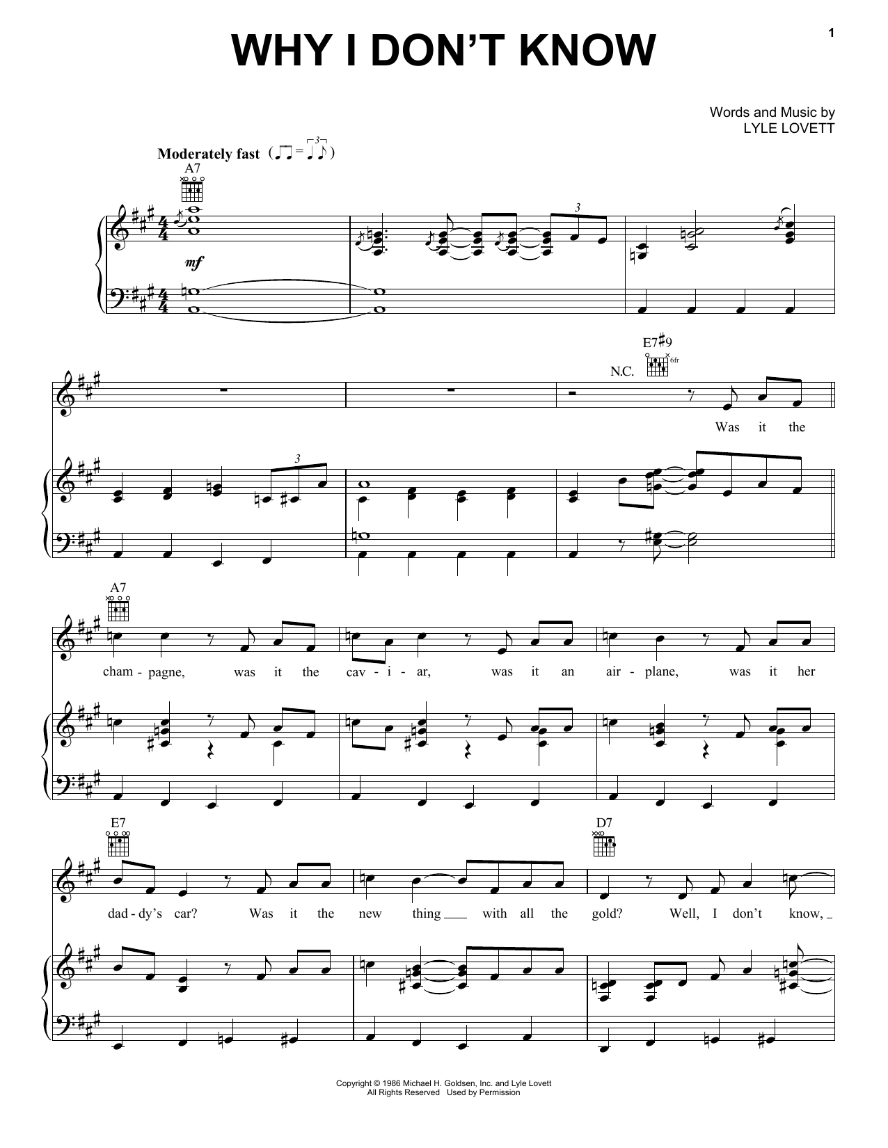 Lyle Lovett Why I Don't Know sheet music notes and chords arranged for Piano, Vocal & Guitar Chords (Right-Hand Melody)