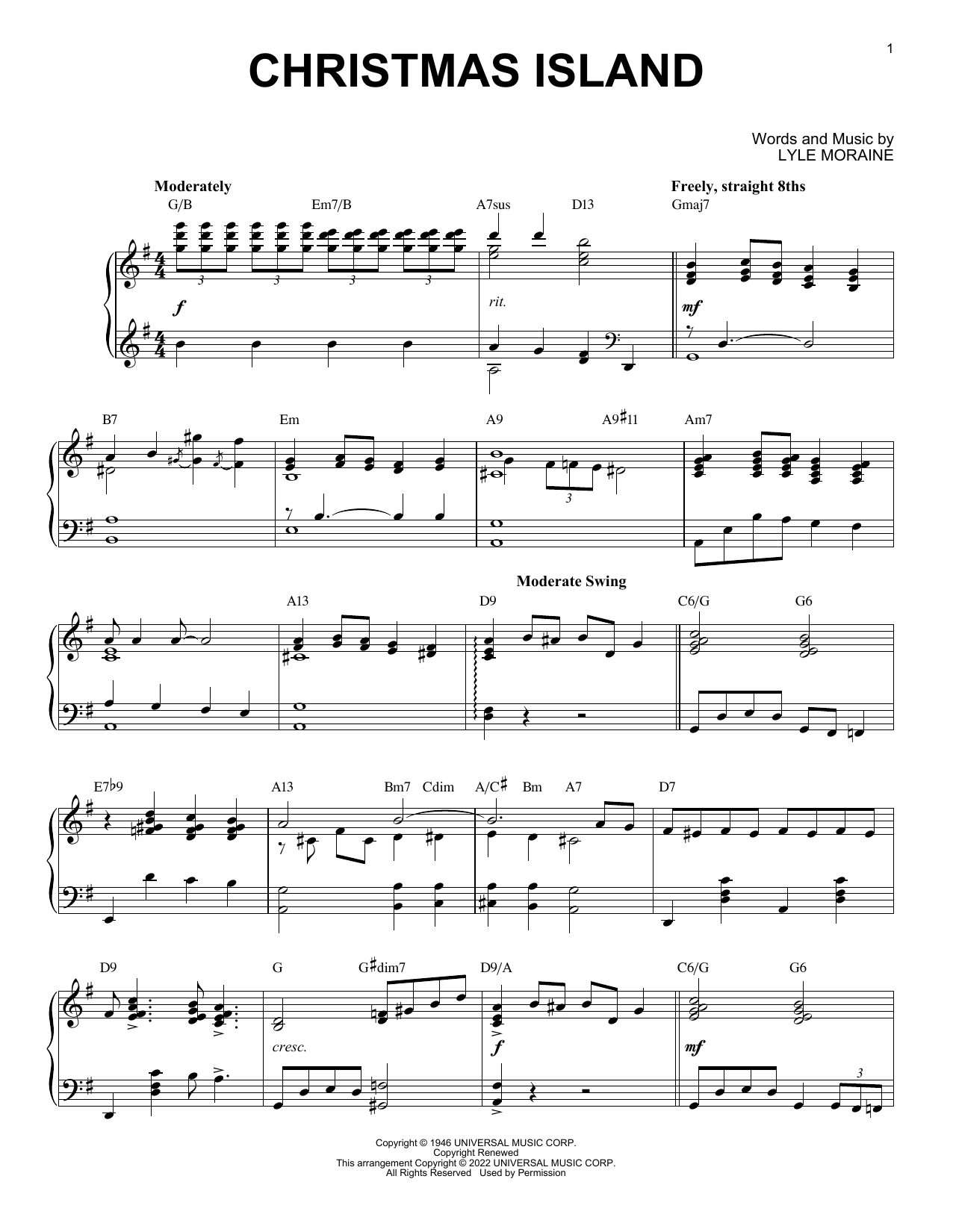 Lyle Moraine Christmas Island [Jazz version] (arr. Brent Edstrom) sheet music notes and chords arranged for Piano Solo