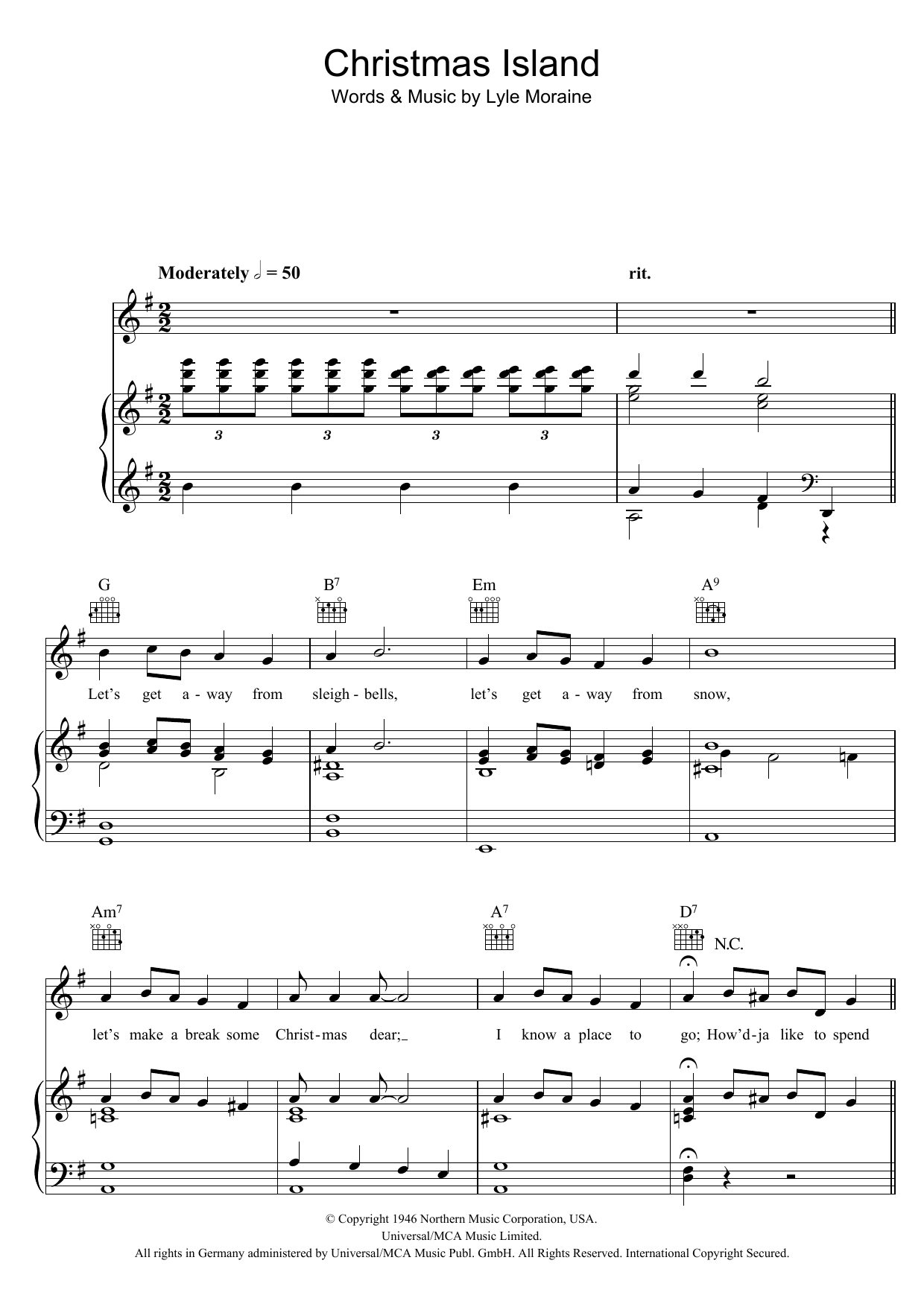 Lyle Moraine Christmas Island sheet music notes and chords arranged for Piano, Vocal & Guitar Chords