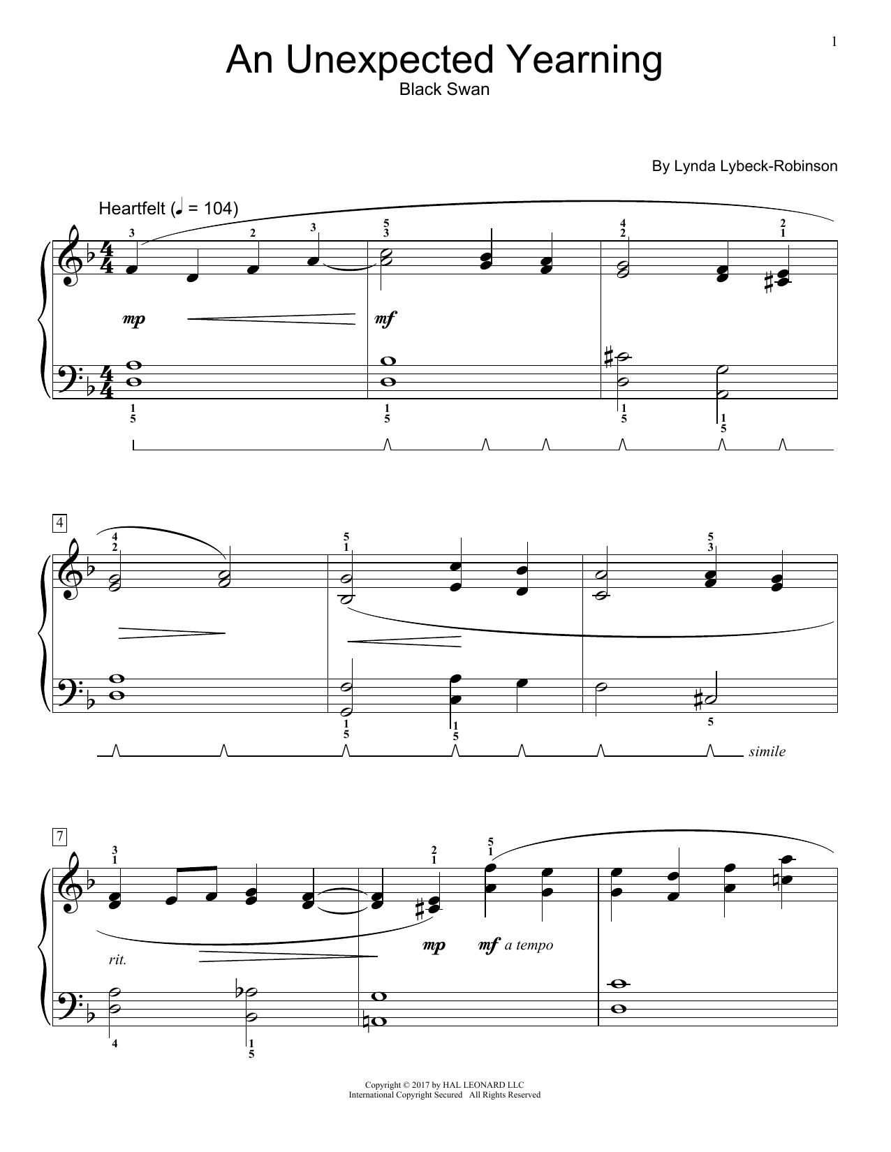 Lynda Lybeck-Robinson An Unexpected Yearning sheet music notes and chords arranged for Educational Piano