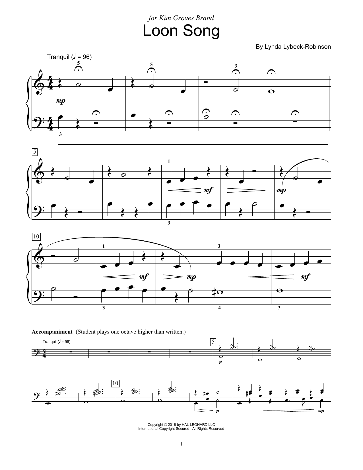 Lynda Lybeck-Robinson Loon Song sheet music notes and chords arranged for Educational Piano