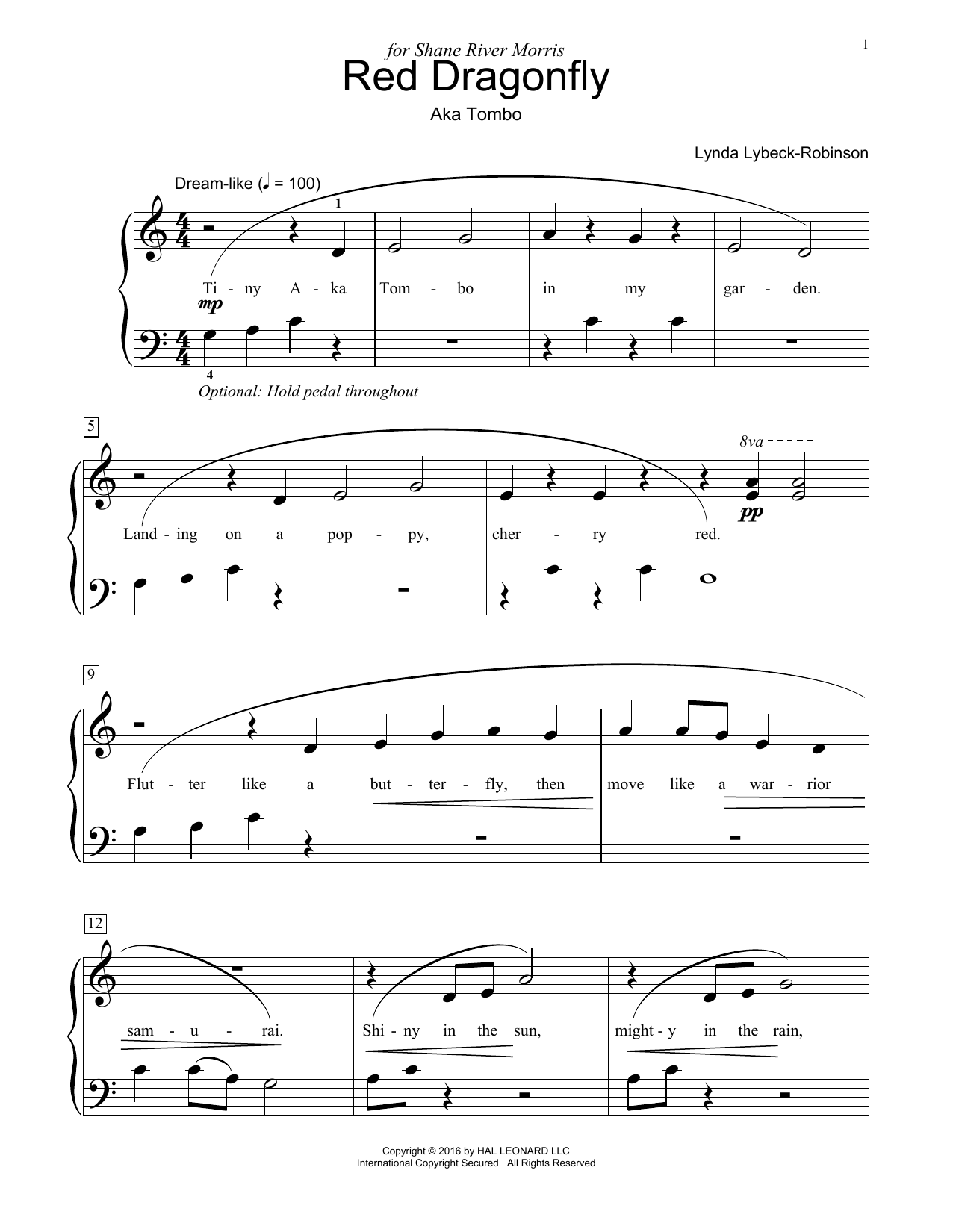 Lynda Lybeck-Robinson Red Dragonfly sheet music notes and chords arranged for Educational Piano