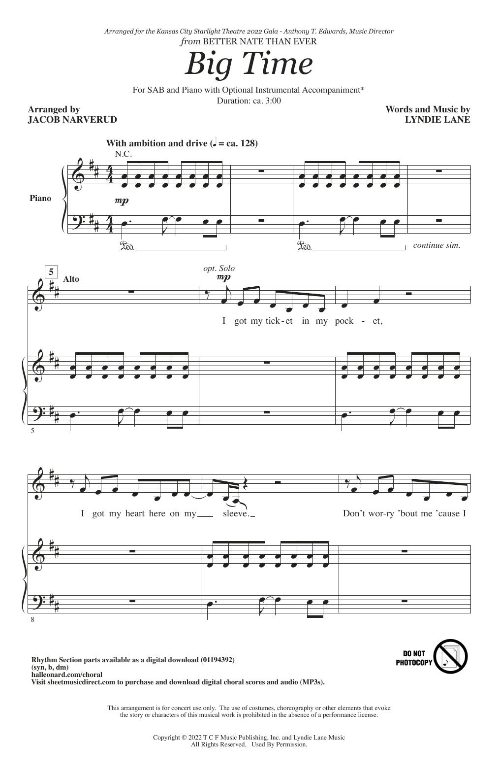 Lyndie Lane Big Time (from Better Nate Than Ever) (arr. Jacob Narverud) sheet music notes and chords arranged for SAB Choir