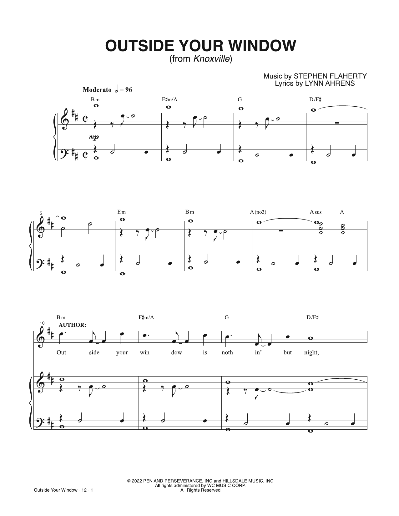 Lynn Ahrens & Stephen Flaherty Outside Your Window (from Knoxville) sheet music notes and chords arranged for Piano & Vocal