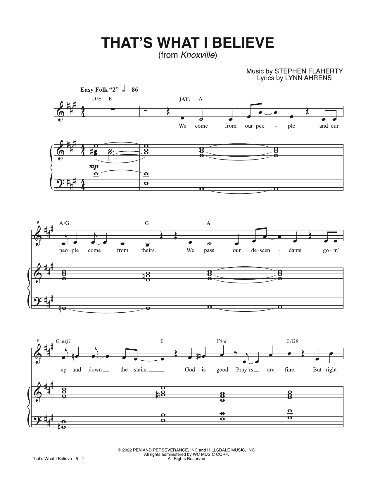 Lynn Ahrens & Stephen Flaherty That's What I Believe (from Knoxville) sheet music notes and chords arranged for Piano & Vocal