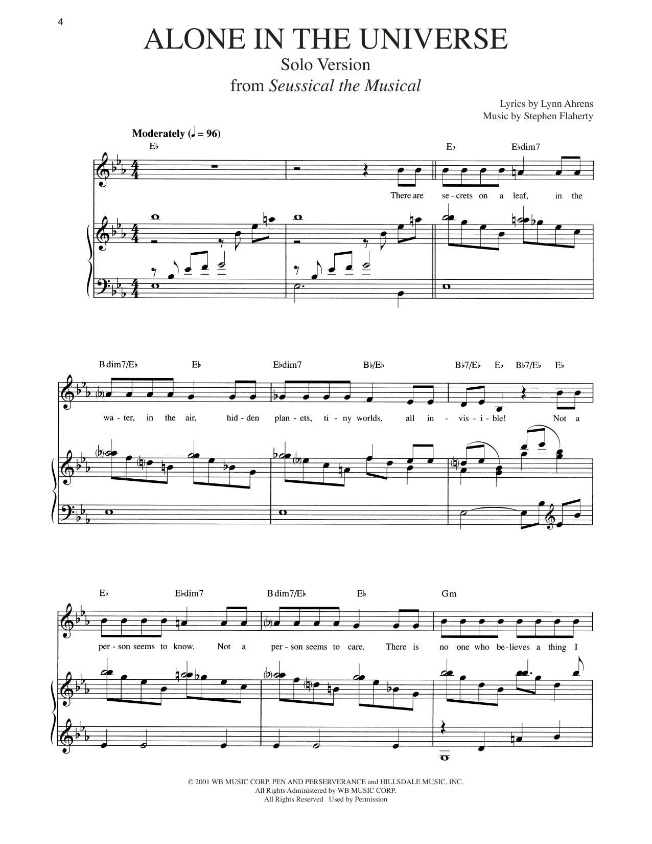 Lynn Ahrens and Stephen Flaherty Alone In The Universe [Solo version] (from Seussical The Musical) sheet music notes and chords arranged for Piano & Vocal