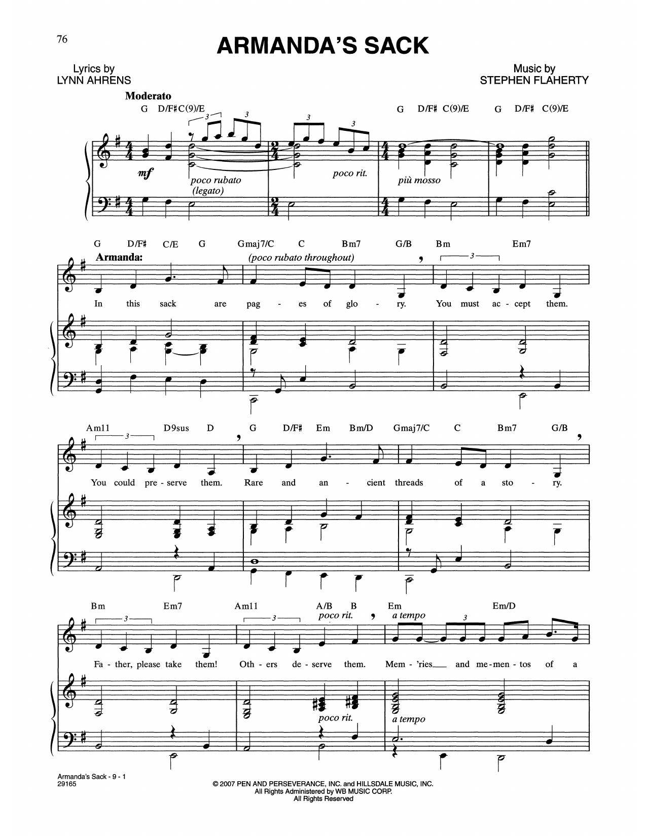 Lynn Ahrens and Stephen Flaherty Armanda's Sack (from The Glorious Ones) sheet music notes and chords arranged for Piano & Vocal