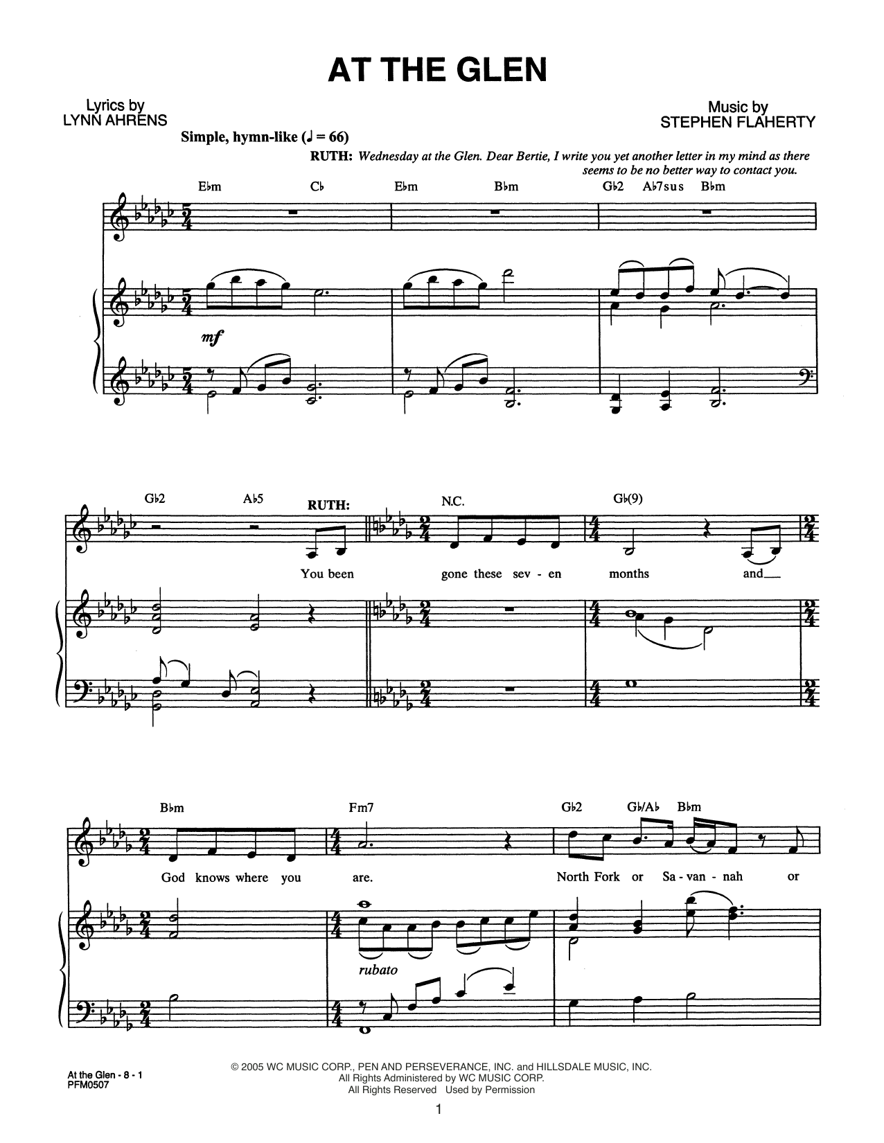 Lynn Ahrens and Stephen Flaherty At The Glen (from Dessa Rose: A New Musical) sheet music notes and chords arranged for Piano & Vocal