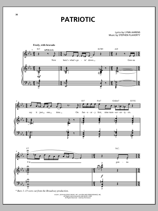 Lynn Ahrens and Stephen Flaherty Patriotic (from the musical Rocky) sheet music notes and chords arranged for Piano & Vocal