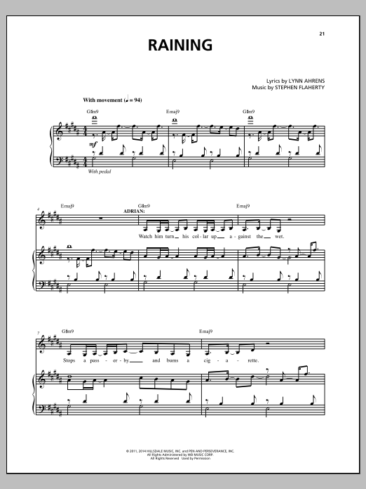 Lynn Ahrens and Stephen Flaherty Raining (from the musical Rocky) sheet music notes and chords arranged for Piano & Vocal