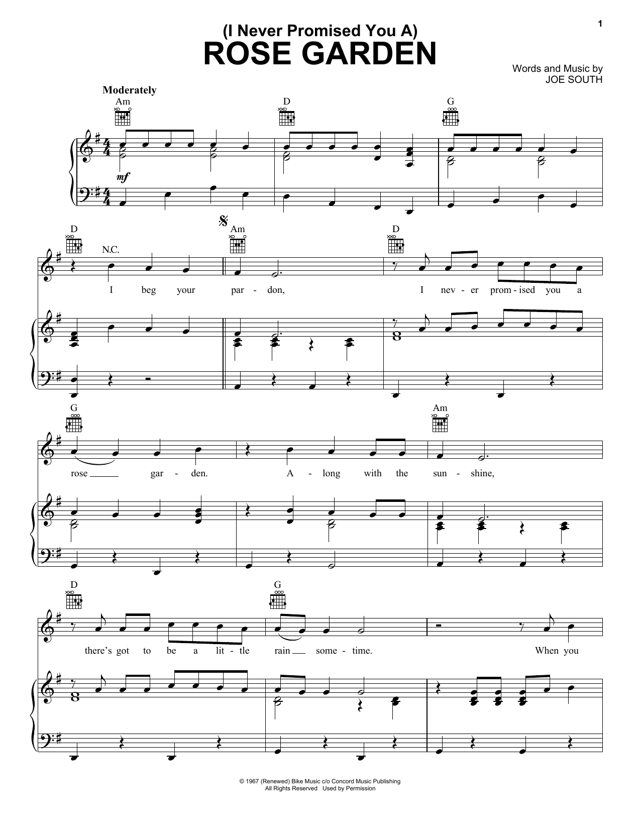 Lynn Anderson (I Never Promised You A) Rose Garden sheet music notes and chords arranged for Piano, Vocal & Guitar Chords (Right-Hand Melody)