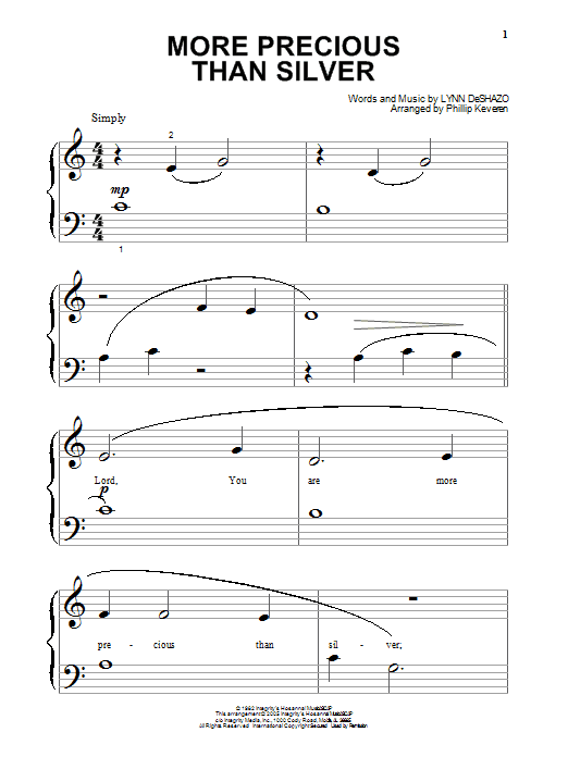 Lynn DeShazo More Precious Than Silver (arr. Phillip Keveren) sheet music notes and chords arranged for Big Note Piano