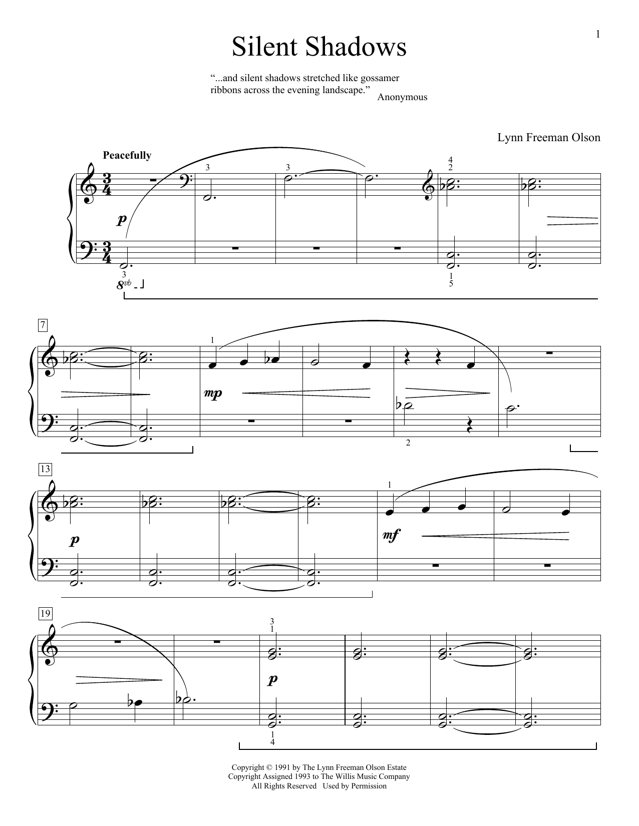Lynn Freeman Olson Silent Shadows sheet music notes and chords arranged for Educational Piano