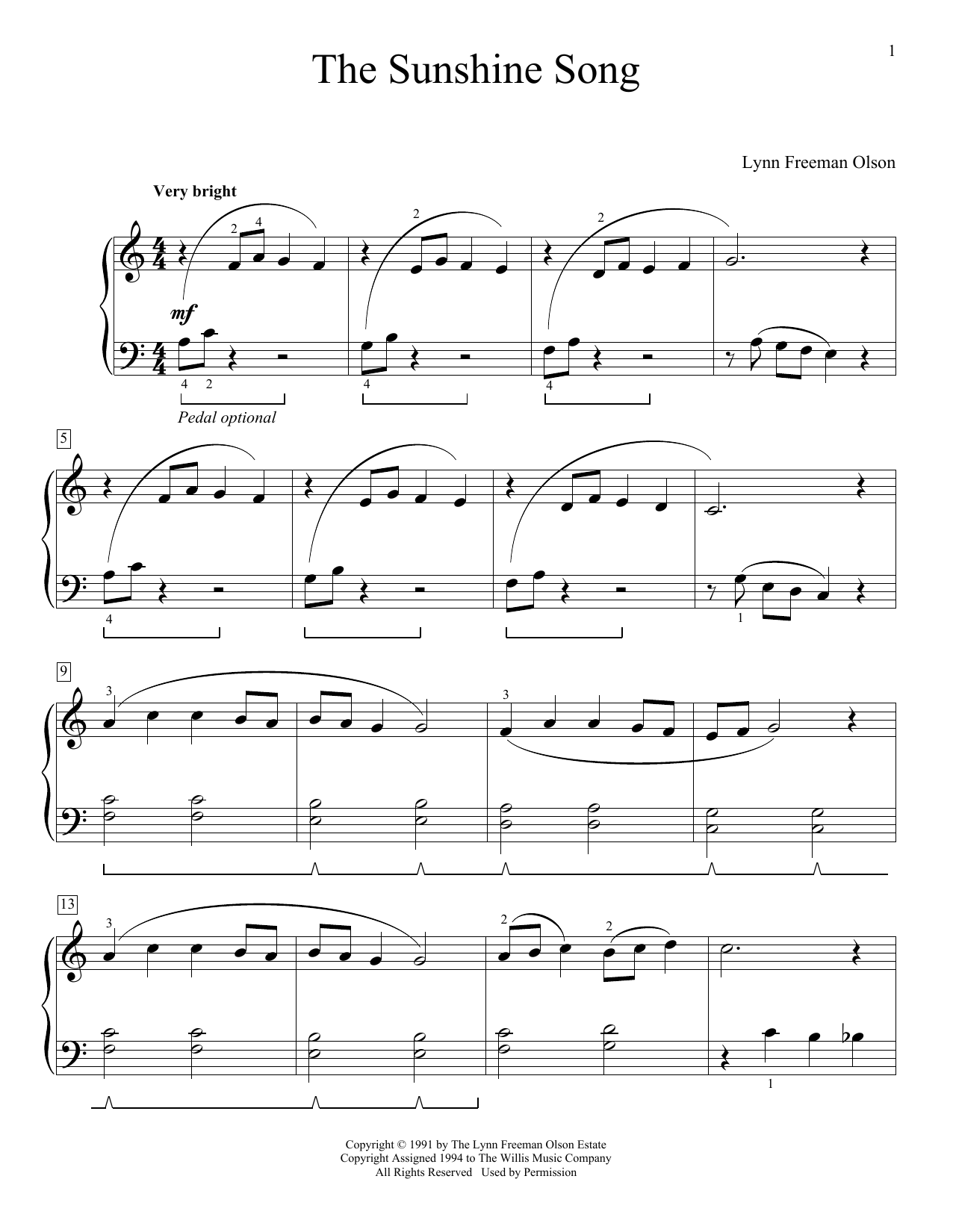 Lynn Freeman Olson The Sunshine Song sheet music notes and chords arranged for Educational Piano