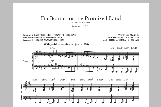 Lynn Shaw Bailey I'm Bound For The Promised Land sheet music notes and chords arranged for TTBB Choir