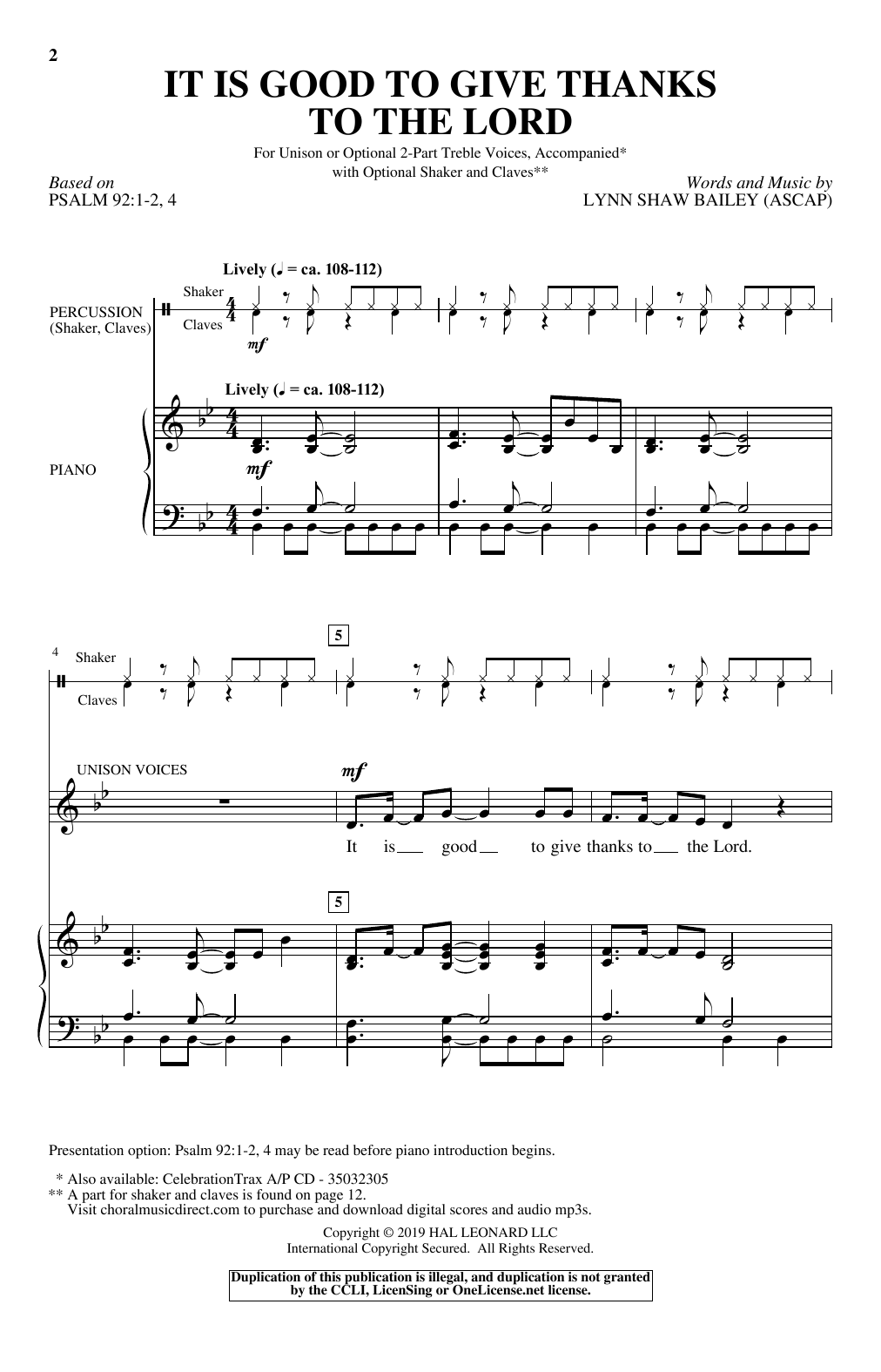 Lynn Shaw Bailey It Is Good To Give Thanks To The Lord sheet music notes and chords arranged for Unison Choir