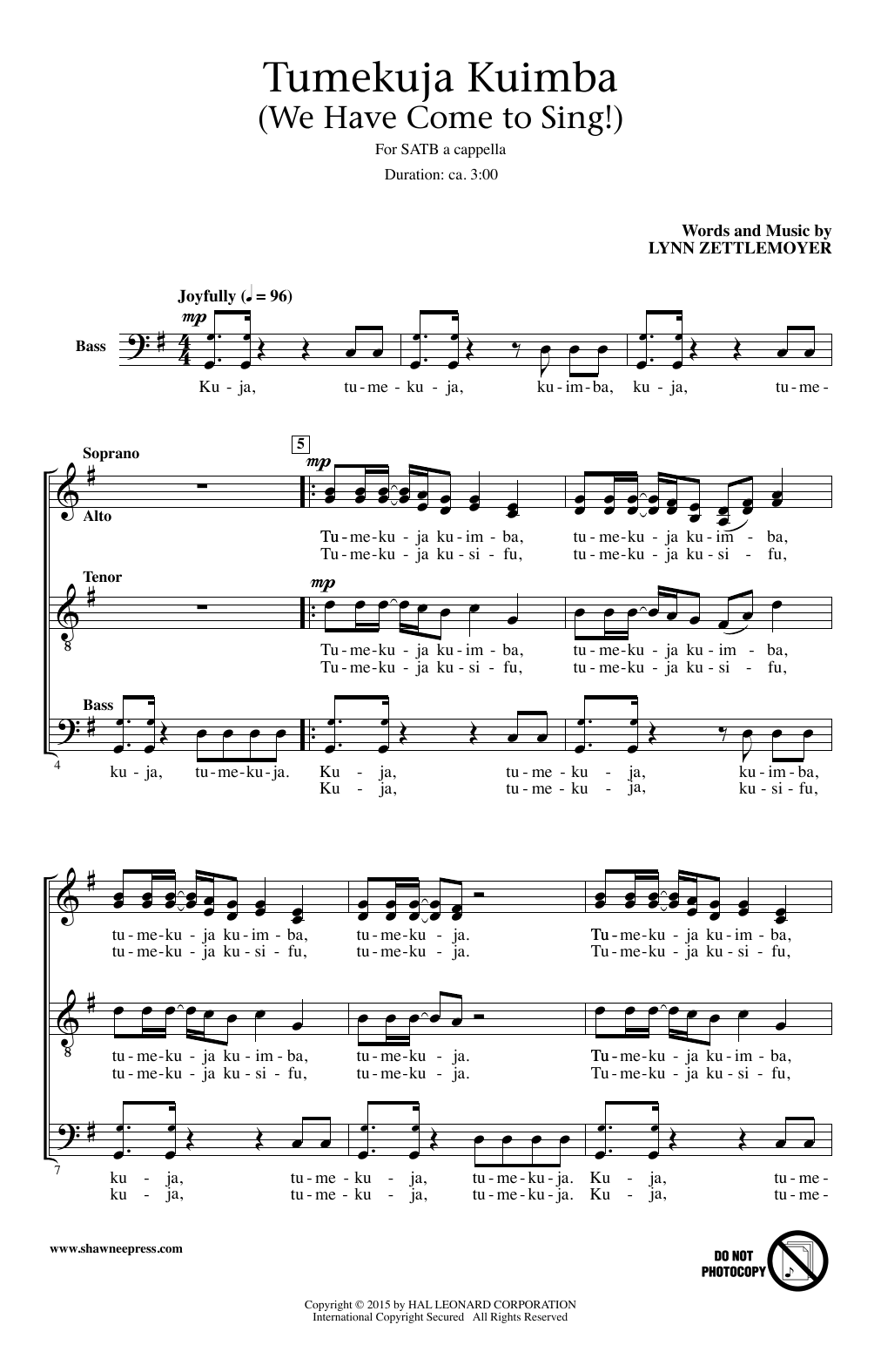 Lynn Zettlemoyer Tumekuja Kuimba (We Have Come To Sing!) sheet music notes and chords arranged for 2-Part Choir