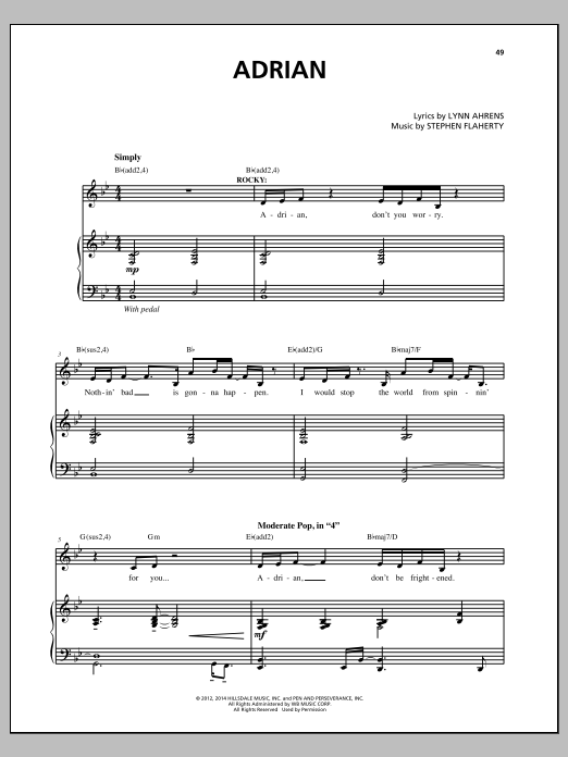Lynn Ahrens and Stephen Flaherty Adrian (from the musical Rocky) sheet music notes and chords arranged for Piano & Vocal